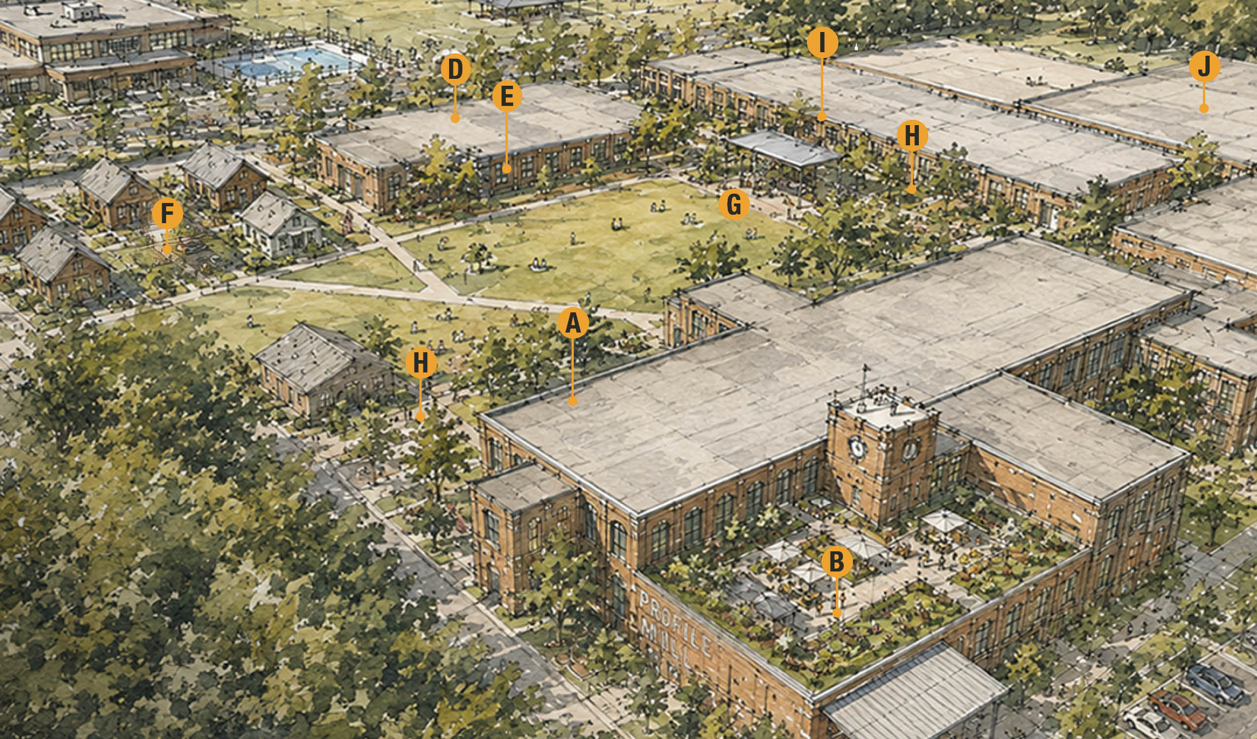 Aerial view of a campus-like area with large brick buildings, green lawns, trees, and walkways marked A to J.