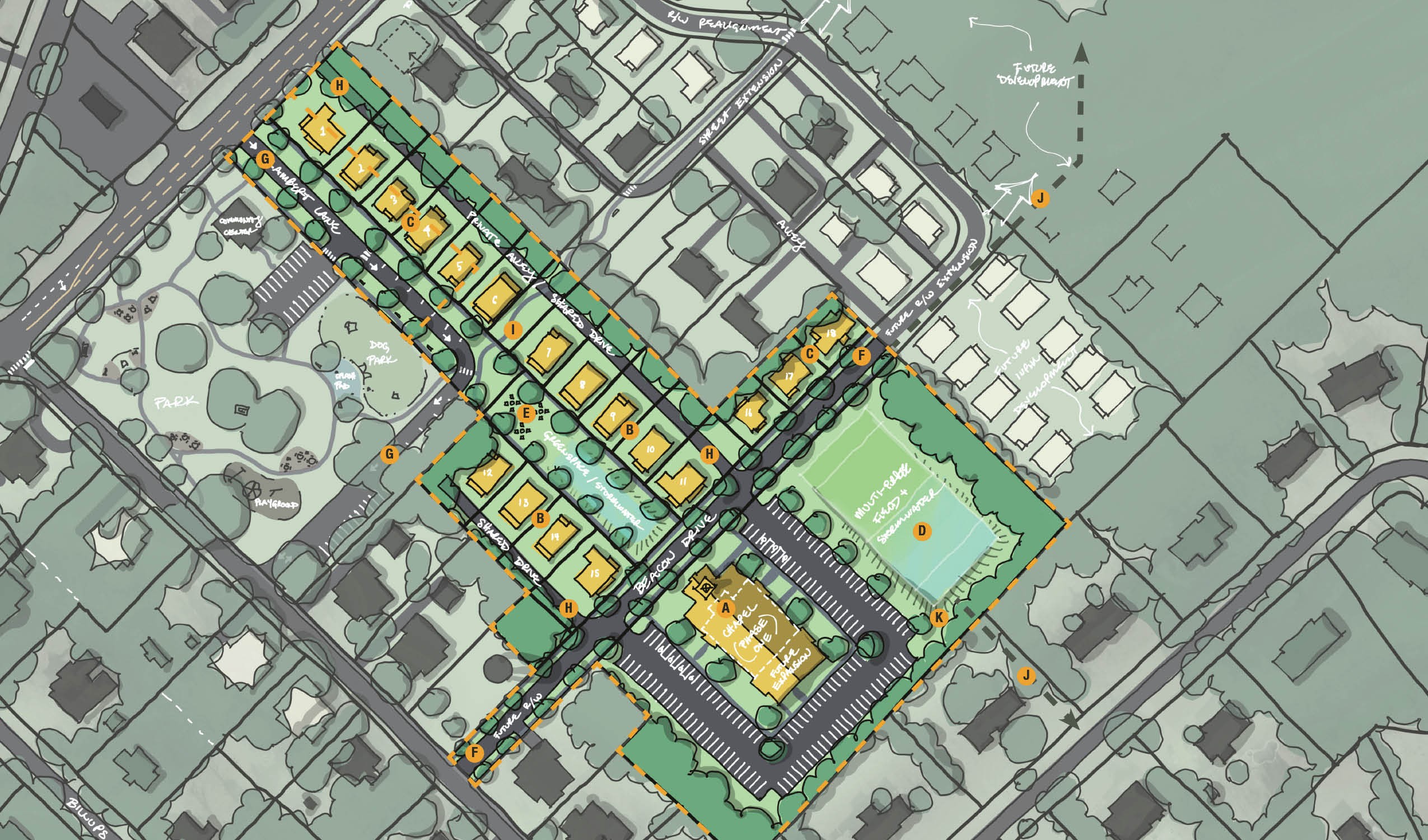 Illustrated neighborhood plan showing lots, streets, parks, a church, and a multipurpose field.