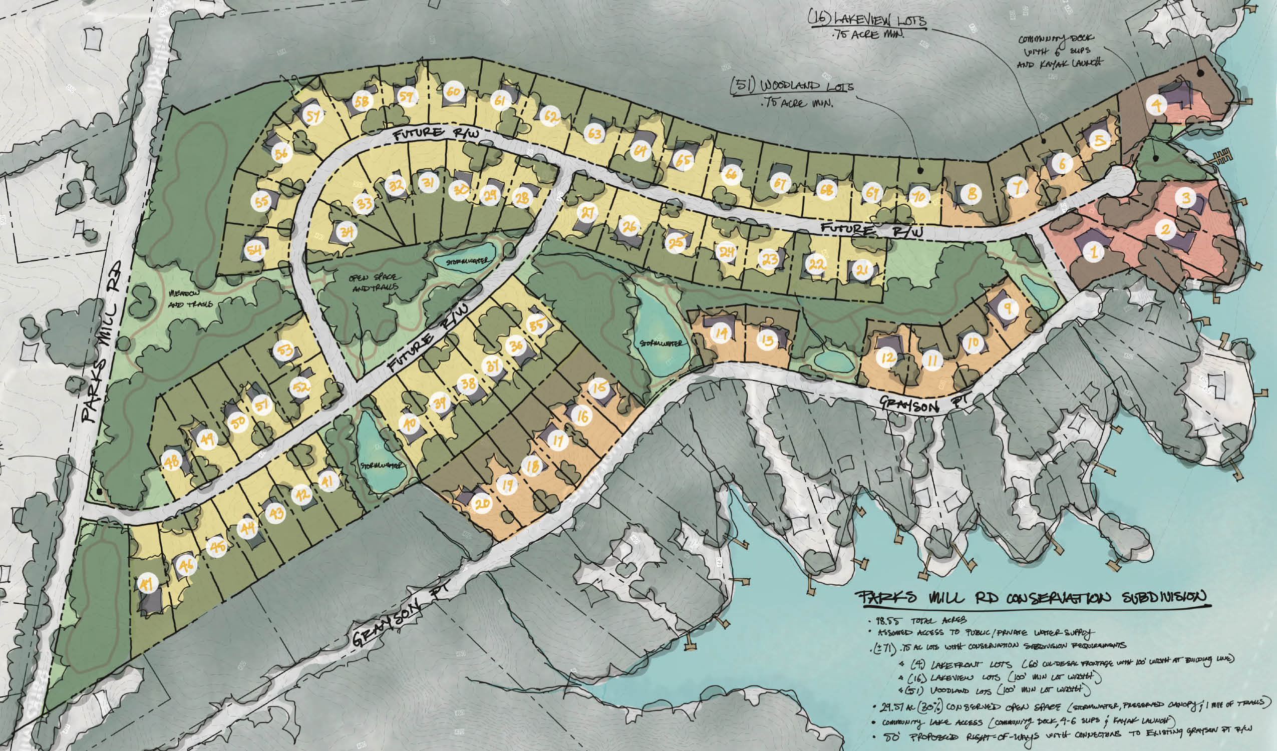 Colored site plan map showing numbered residential lots, roads, open space, and water features.