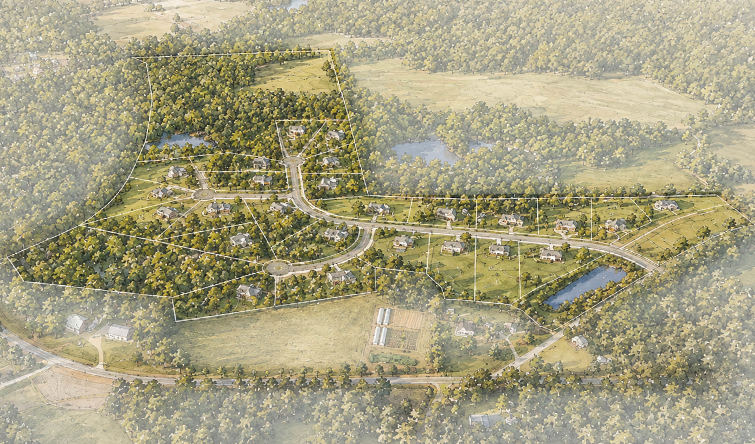 Aerial view illustration of a suburban neighborhood with houses, roads, trees, and small ponds.