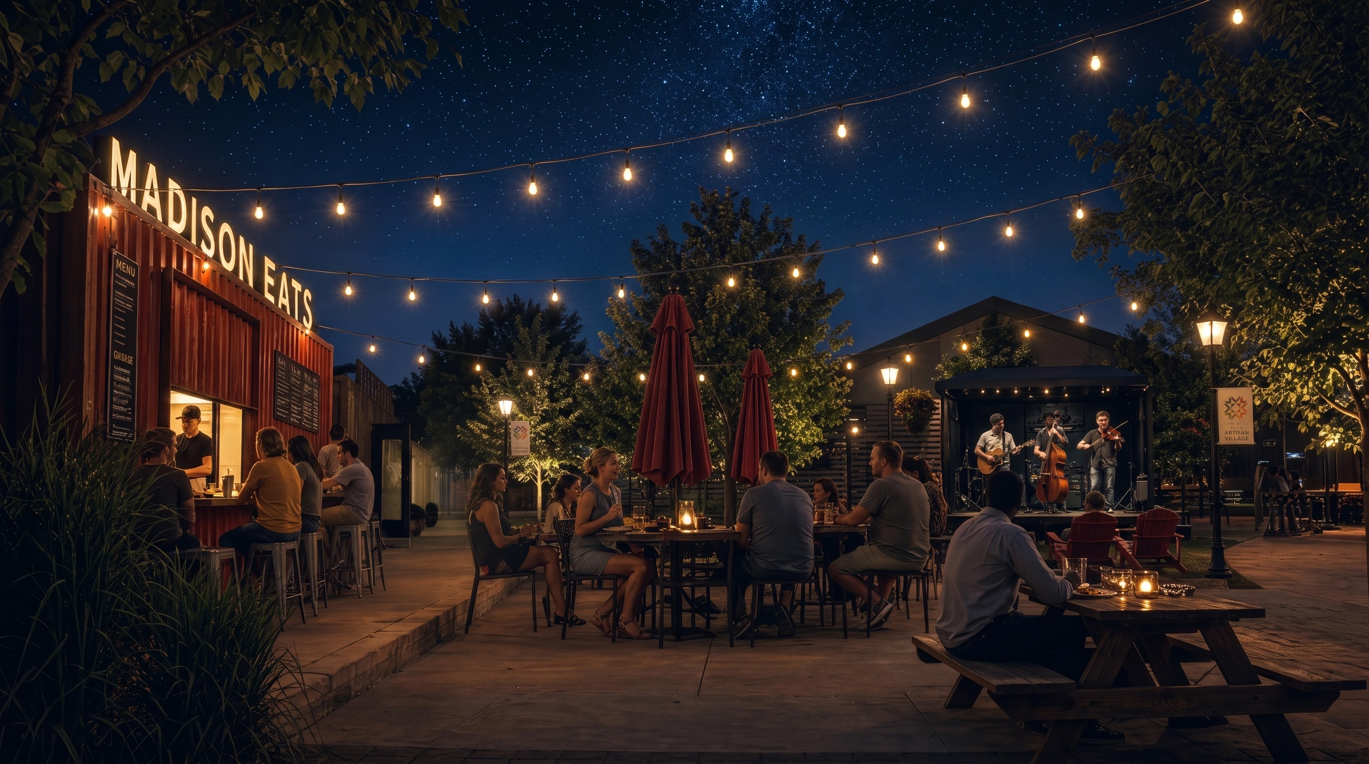 Outdoor night scene with people dining, string lights, and a band playing under a starry sky.