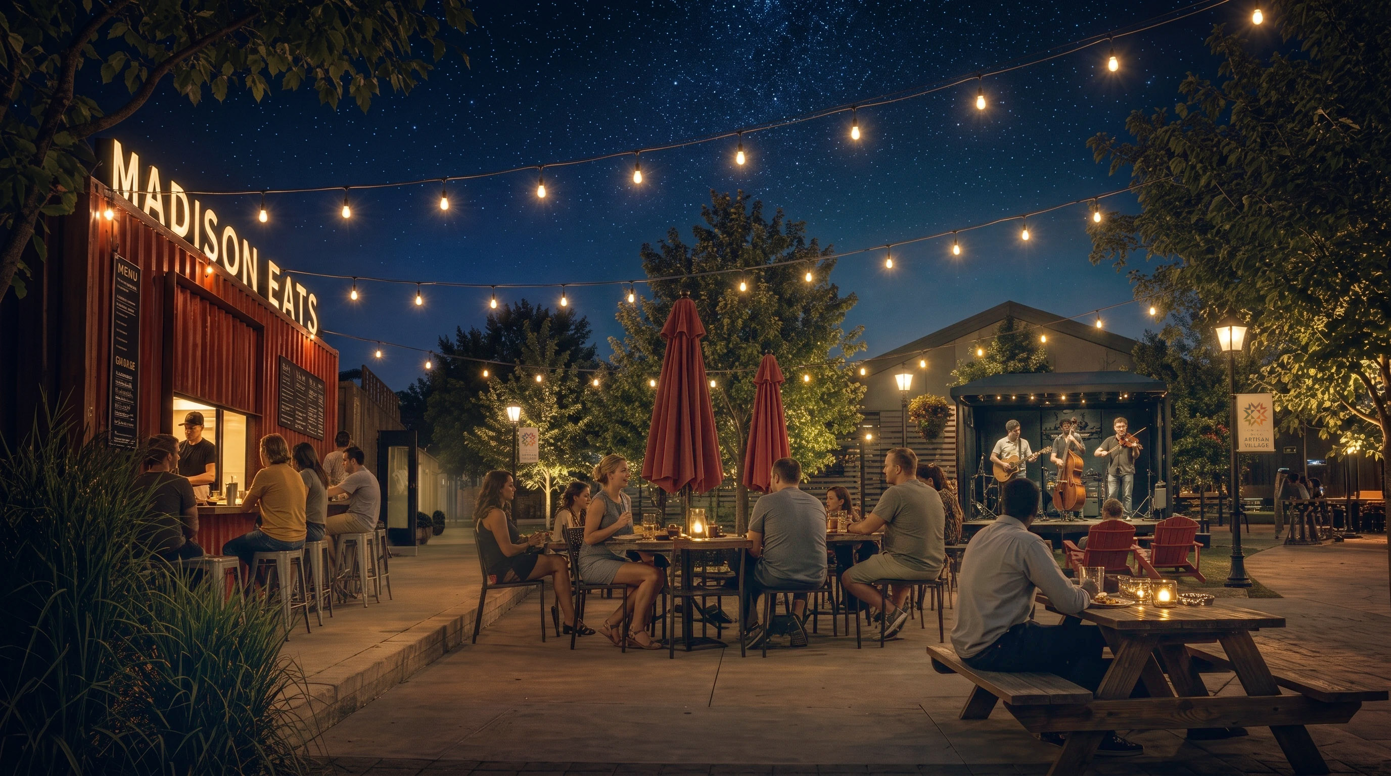 Outdoor night scene with people dining, string lights, and a band playing under a starry sky.