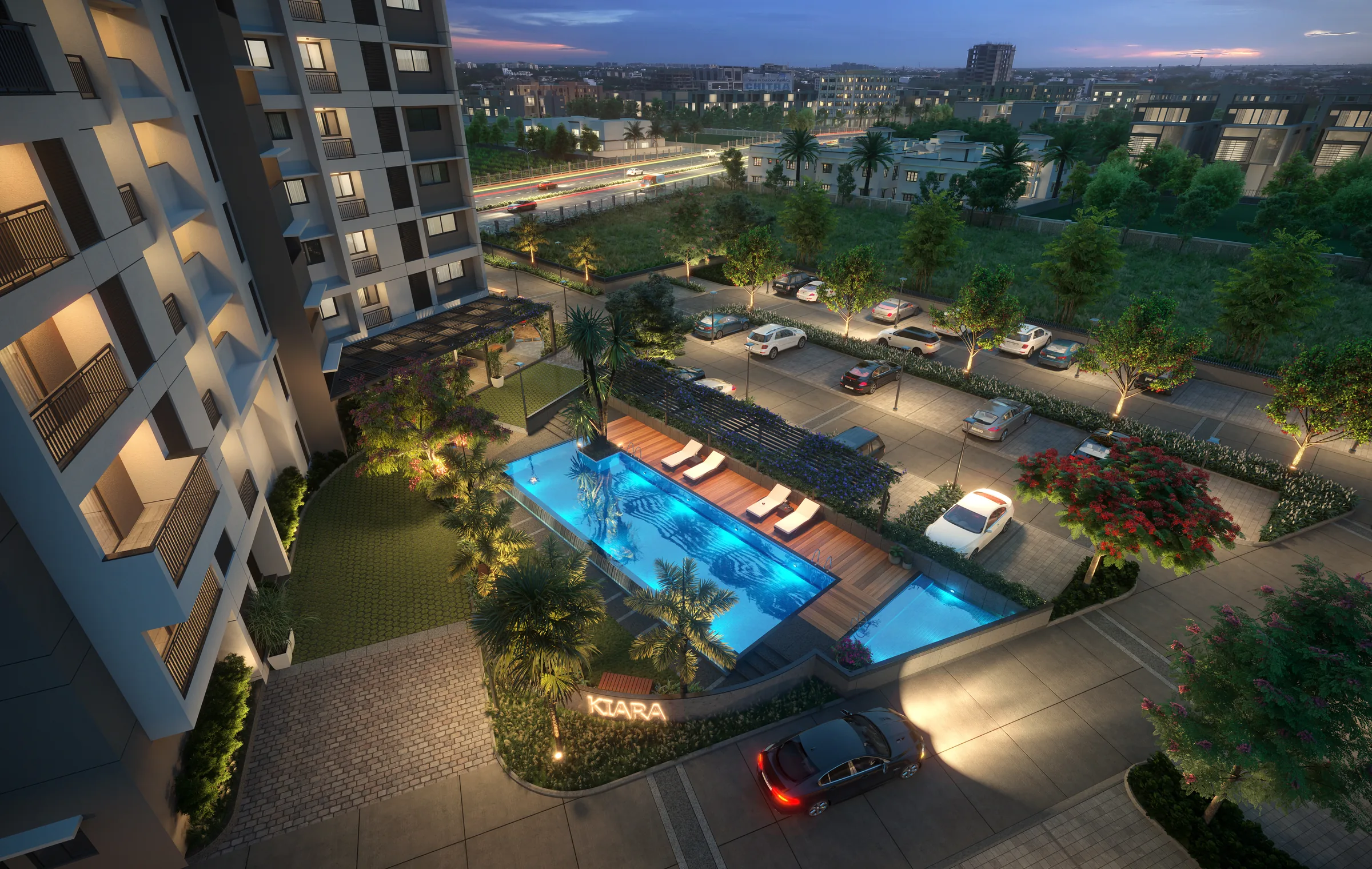 Kiara tower and pool at dusk (artist's impression)