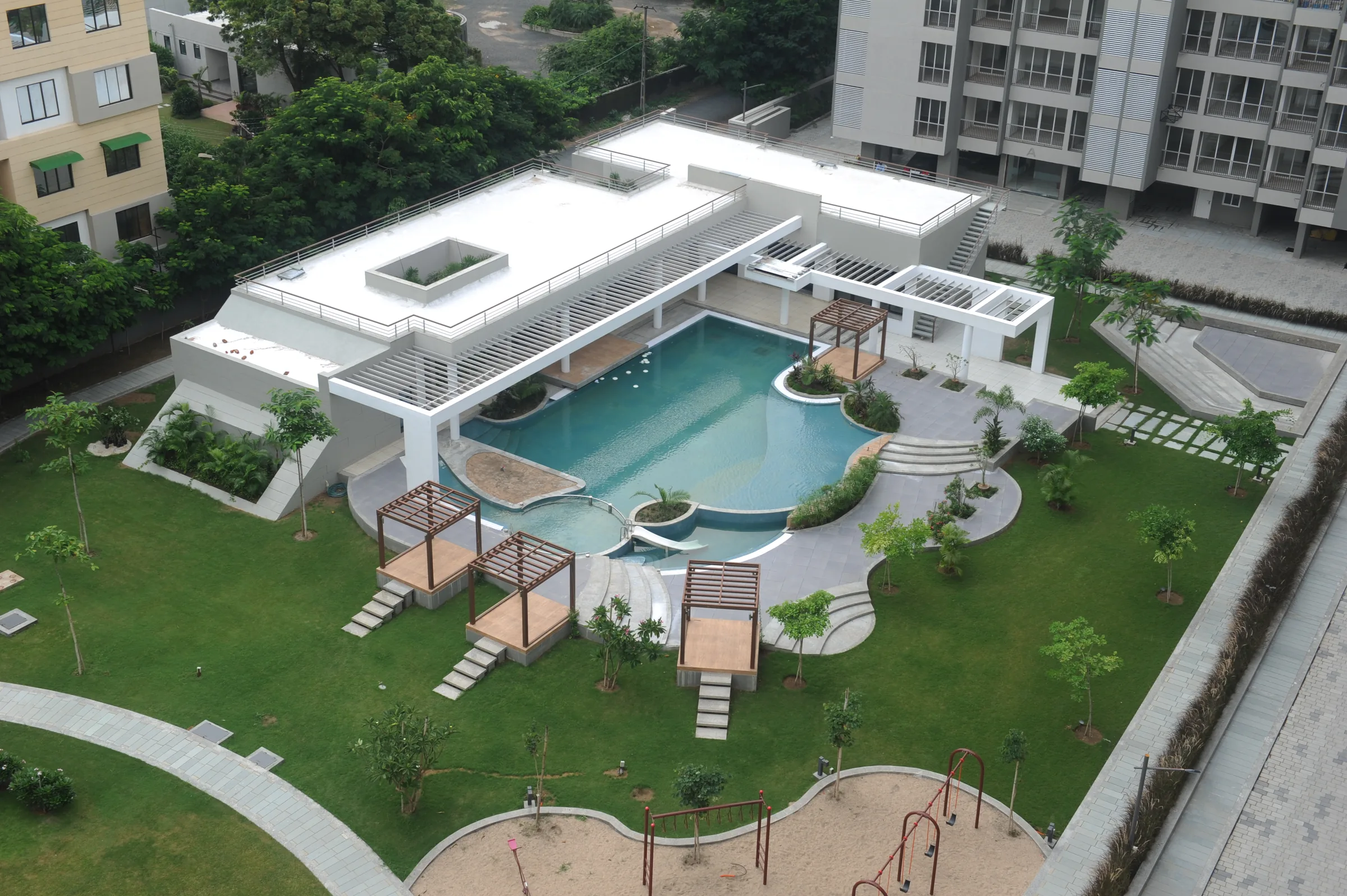 Aerial view of the Shangri-La clubhouse and pool