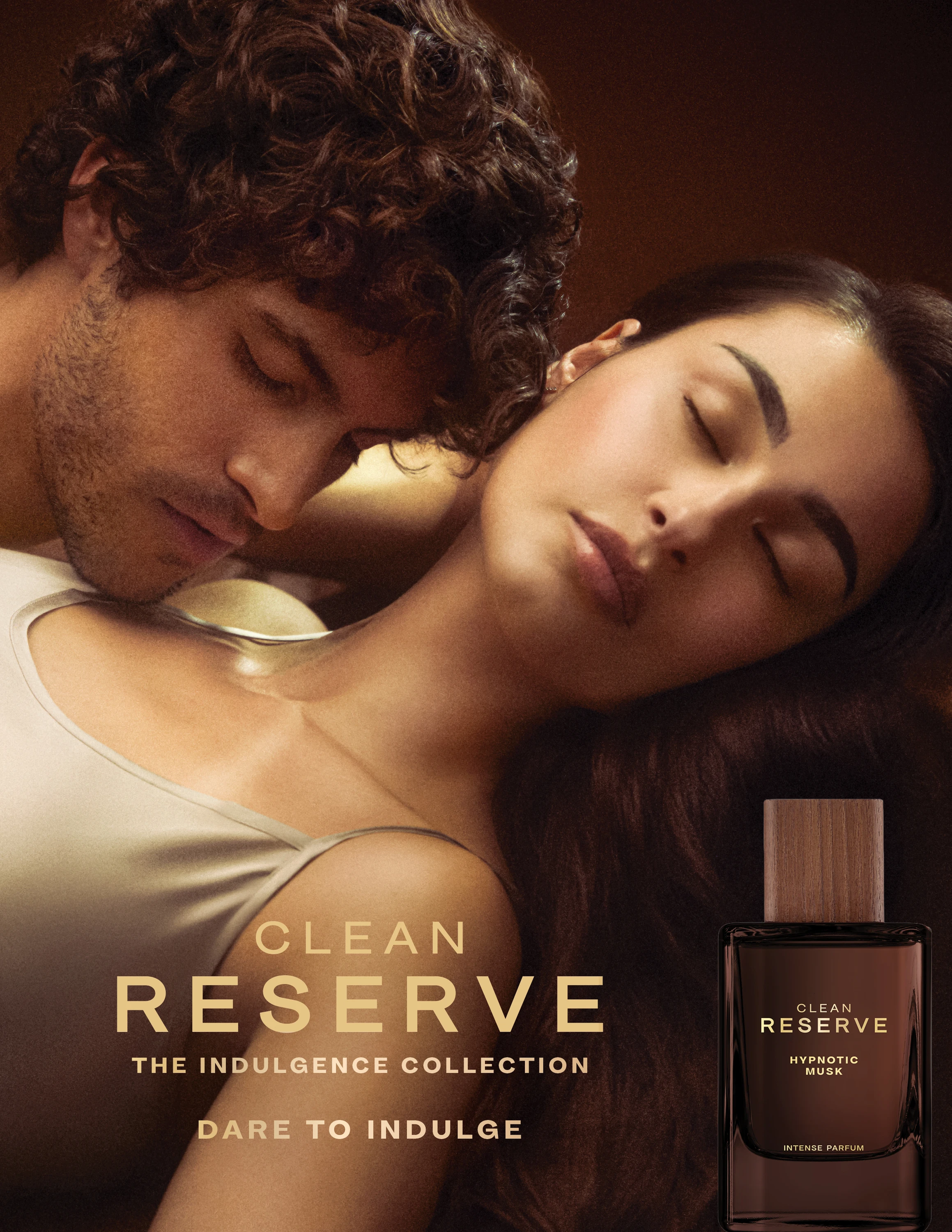 Two models embracing in Clean Reserve campaign artwork.