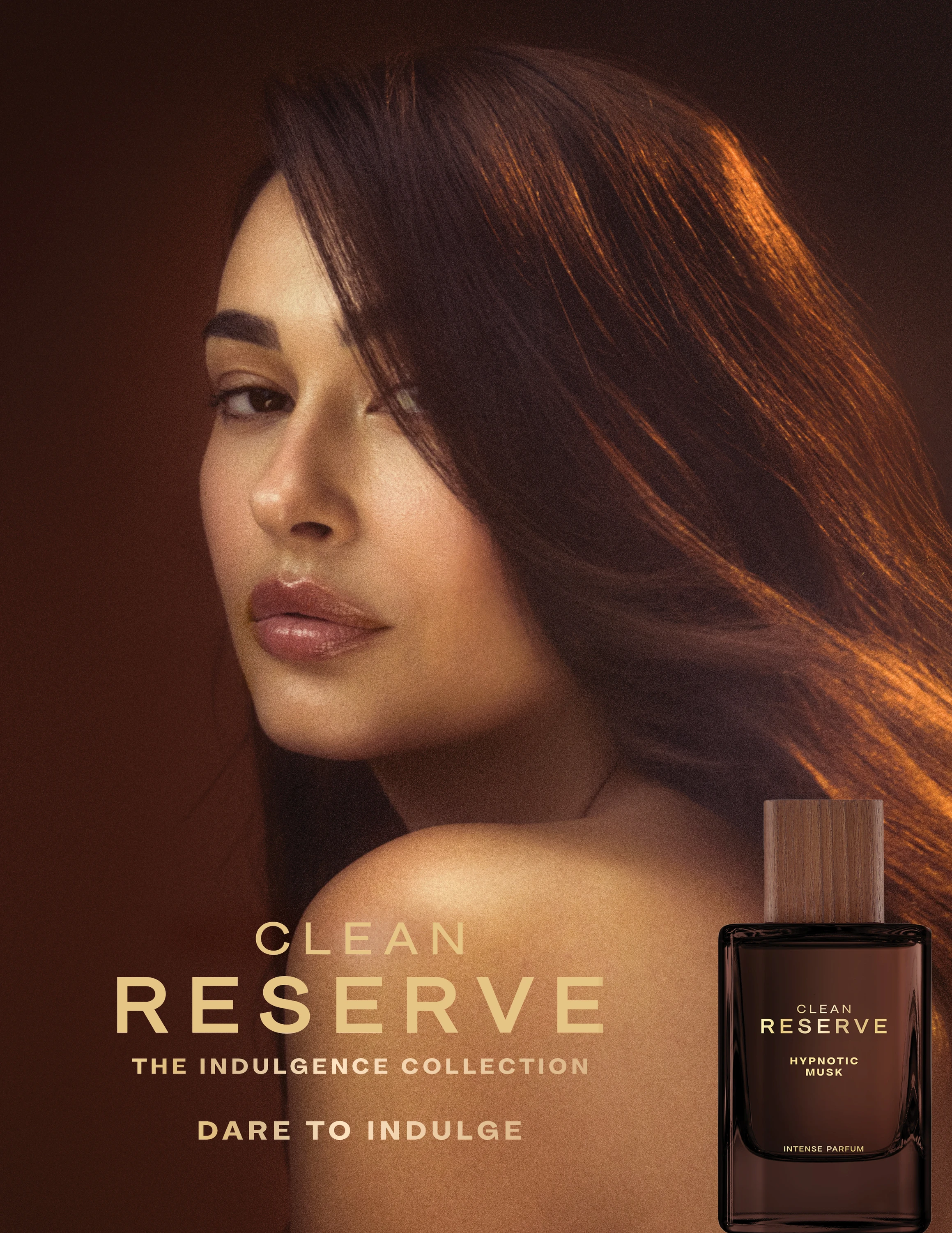 A model in Clean Reserve Indulgence campaign artwork.