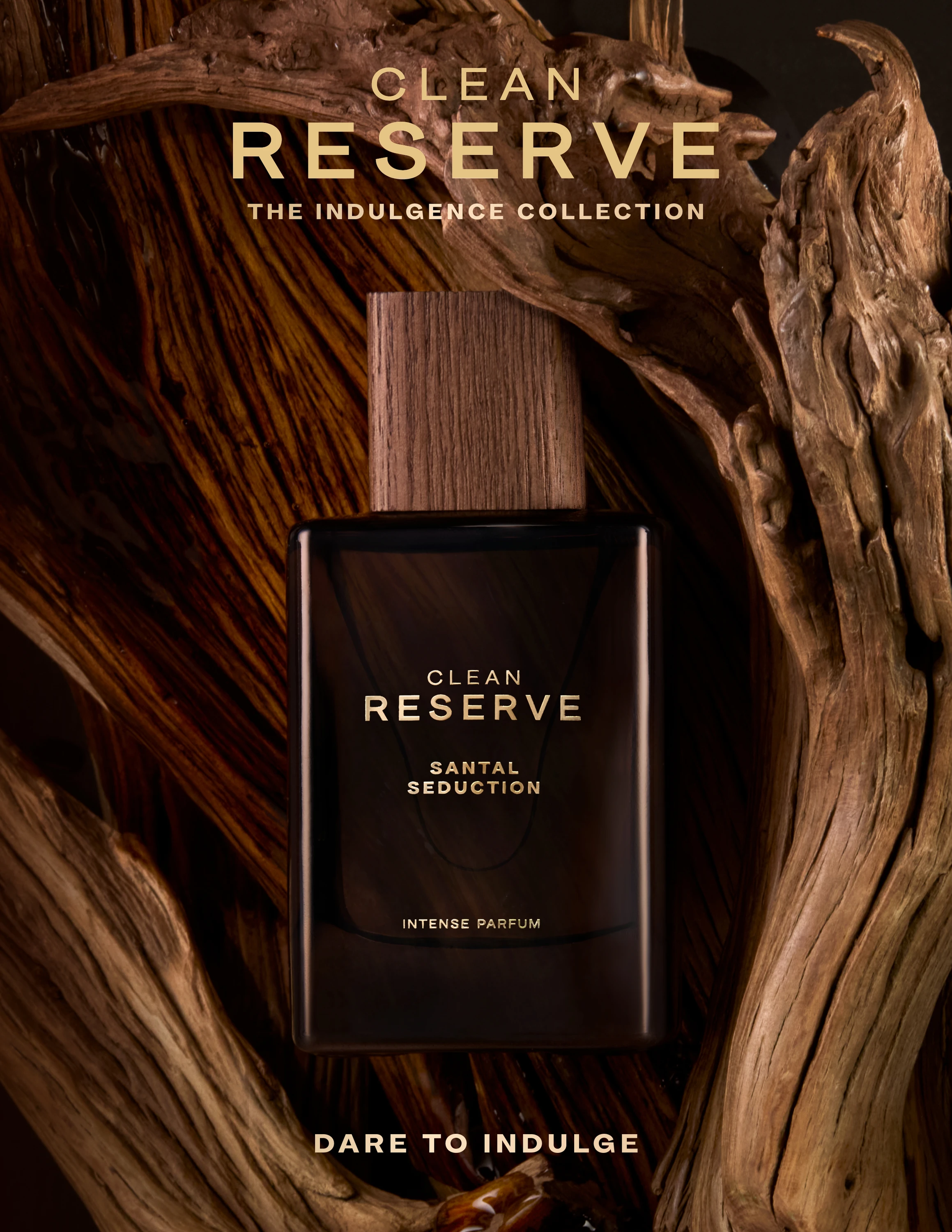 A dark Clean Reserve bottle against textured wood.