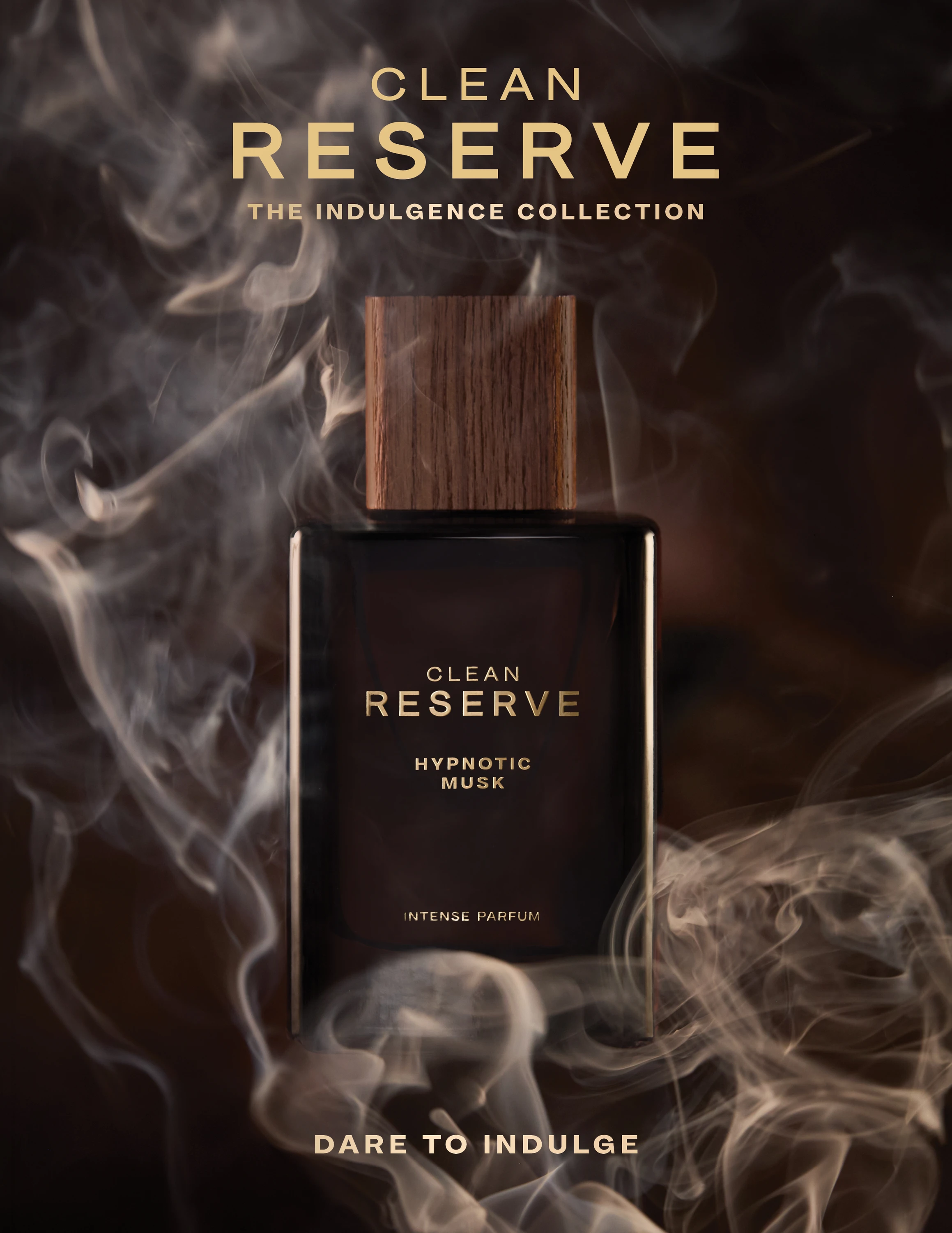 A dark Clean Reserve bottle surrounded by curling smoke.