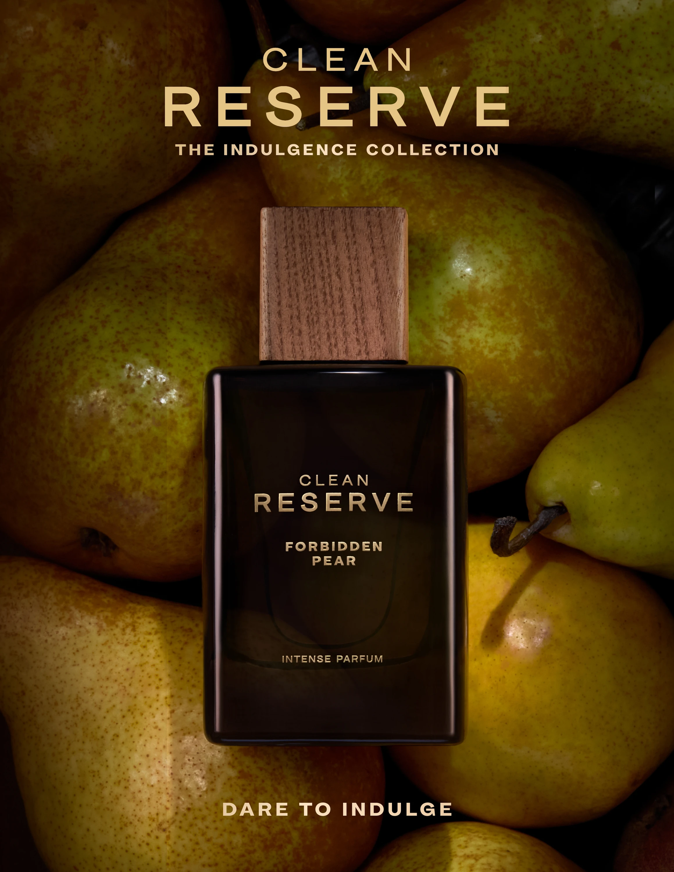 A dark Clean Reserve bottle surrounded by green fruit.