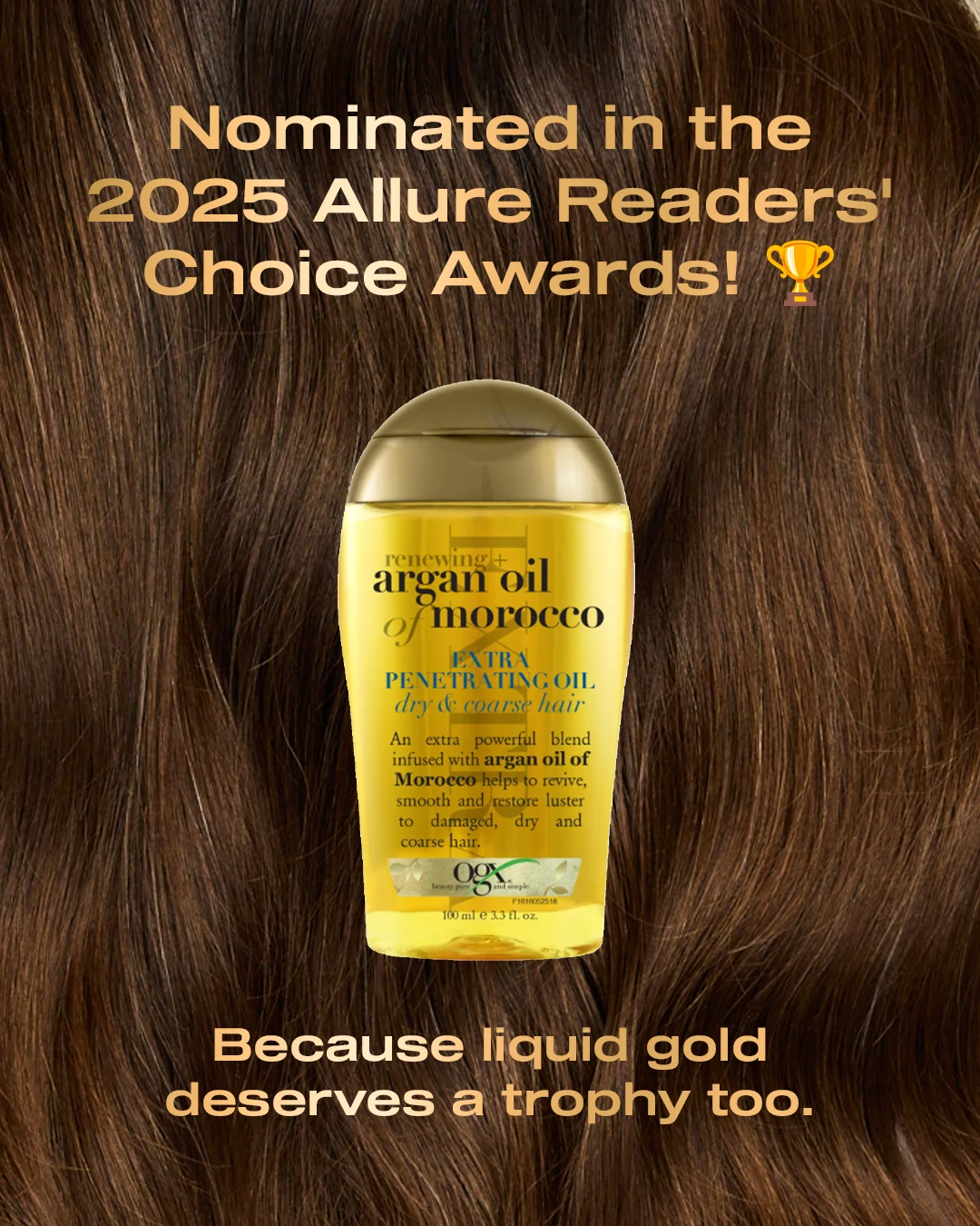 OGX argan oil artwork announcing a 2025 Allure Readers' Choice nomination.