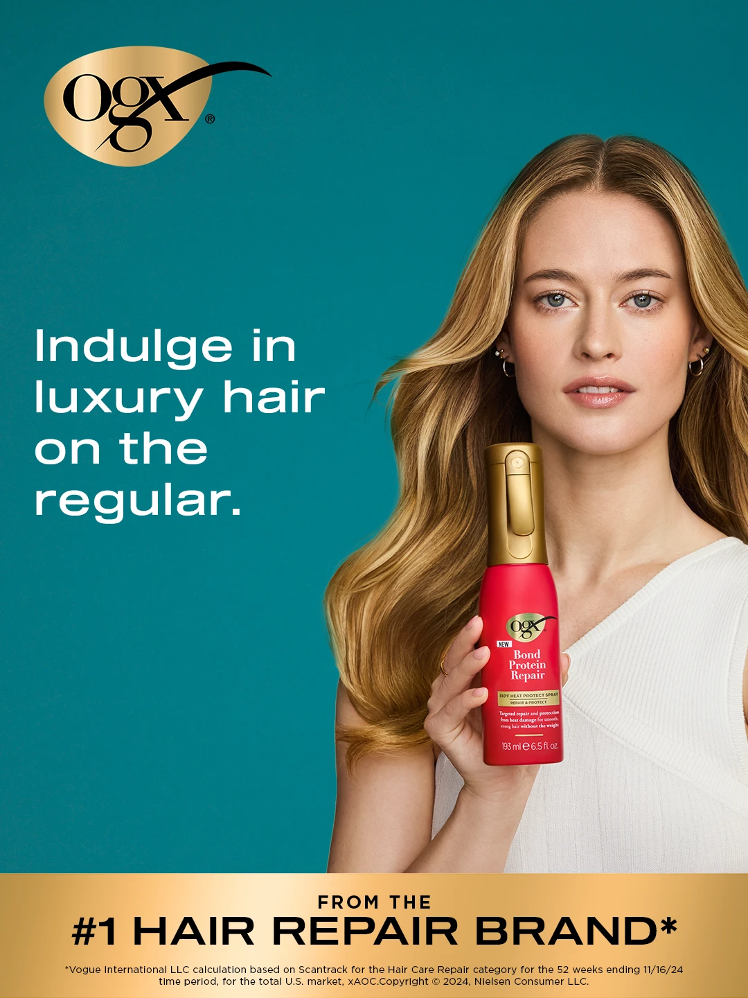 OGX campaign artwork with a model and the line Indulge in luxury hair on the regular.