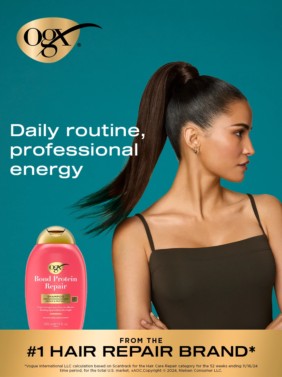 OGX campaign artwork with a model and the line Daily routine, professional energy.