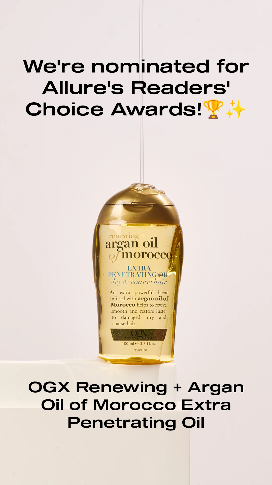 An OGX oil bottle in Allure Readers' Choice nomination artwork.