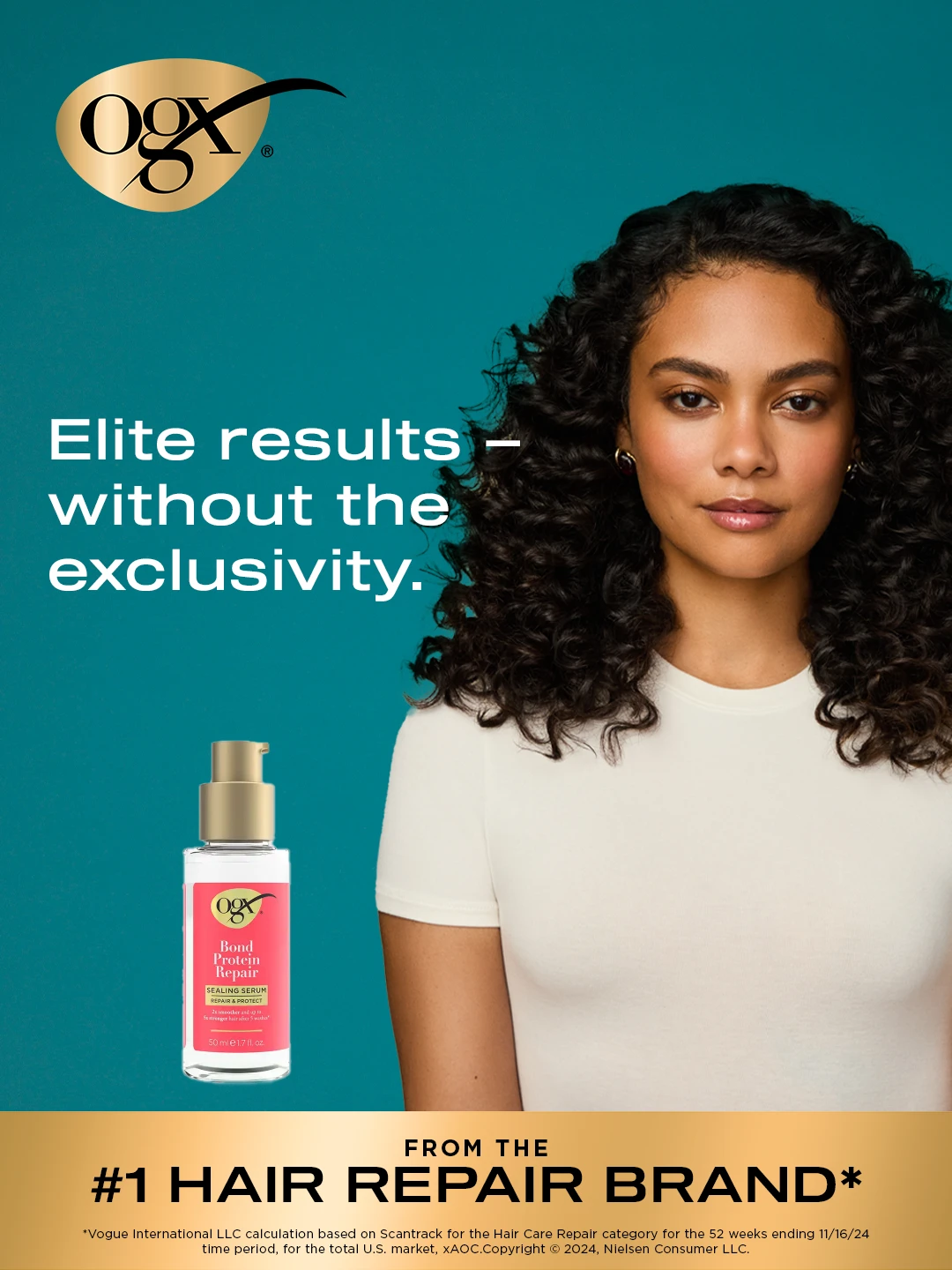 OGX campaign artwork with a model and the line Elite results without the exclusivity.
