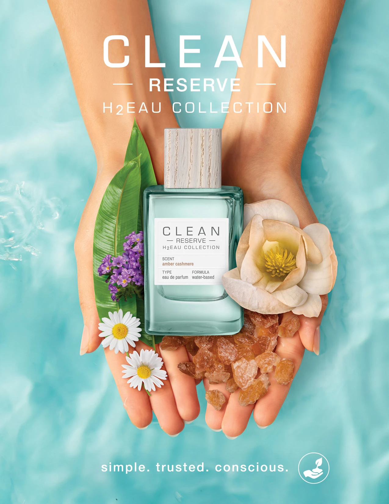 Hands holding a Clean Reserve bottle and flowers in campaign artwork.