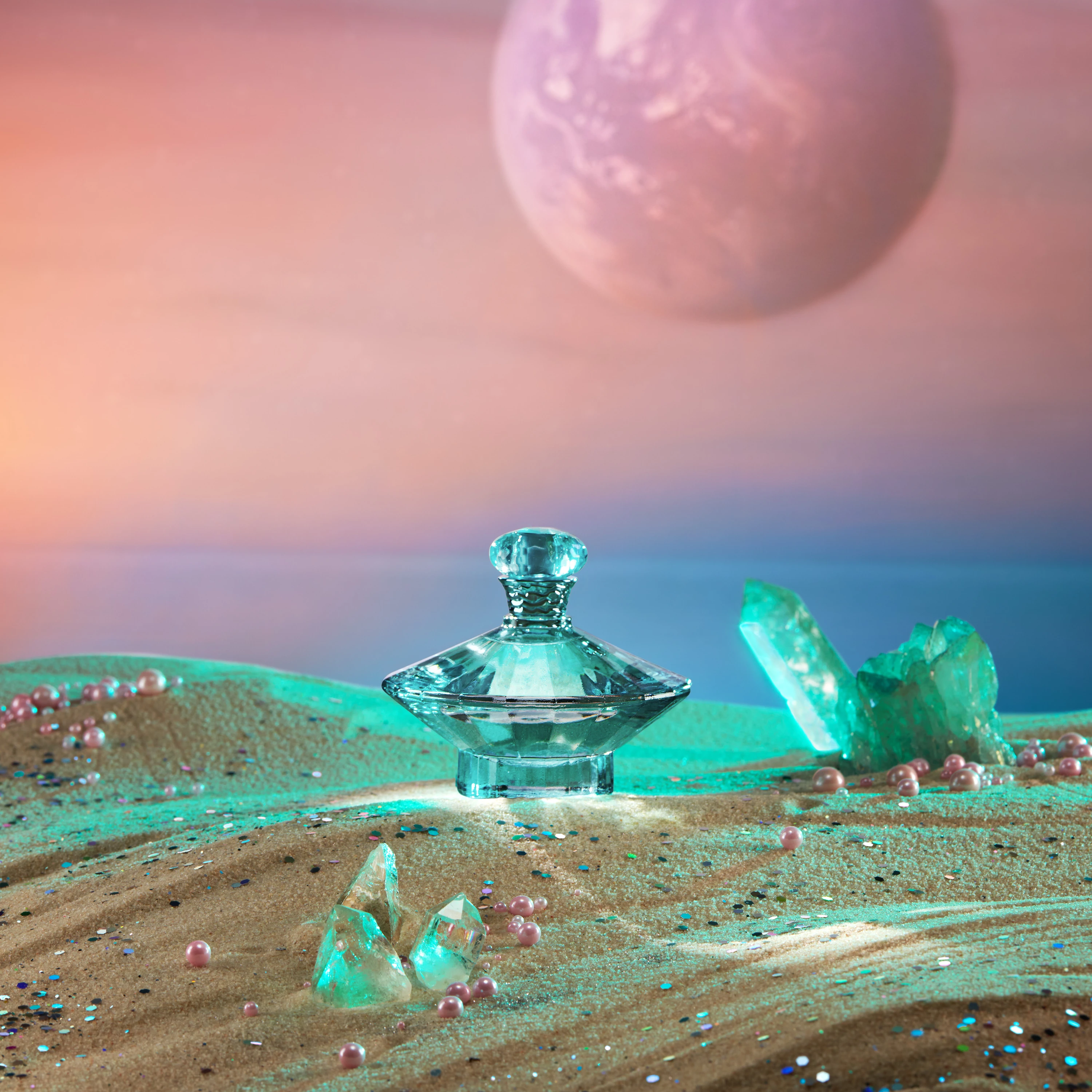 A turquoise fragrance bottle in a crystalline landscape.
