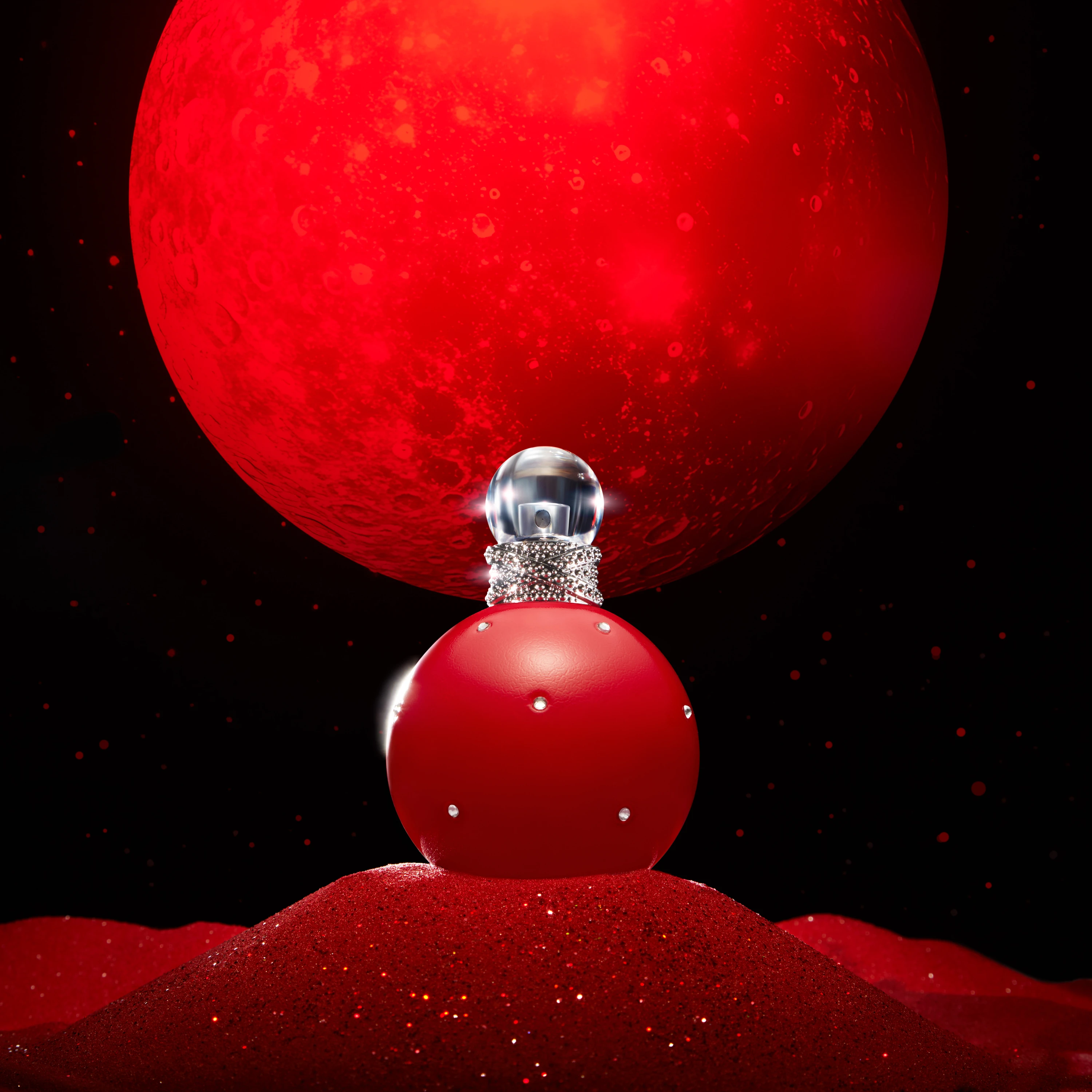 A red Britney Spears bottle beneath a glowing red circle.