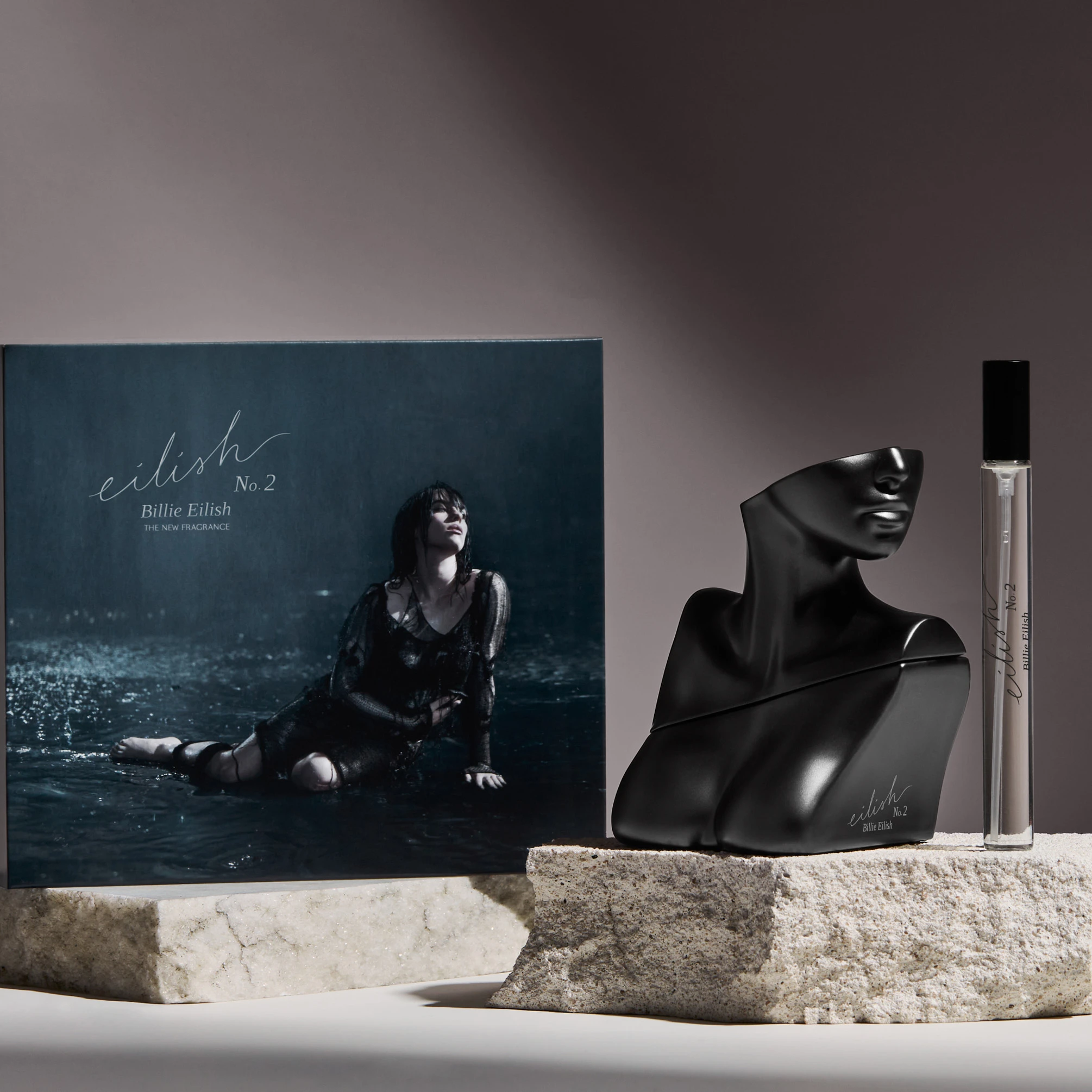 Billie Eilish fragrance packaging, sculptural bottle and travel spray.