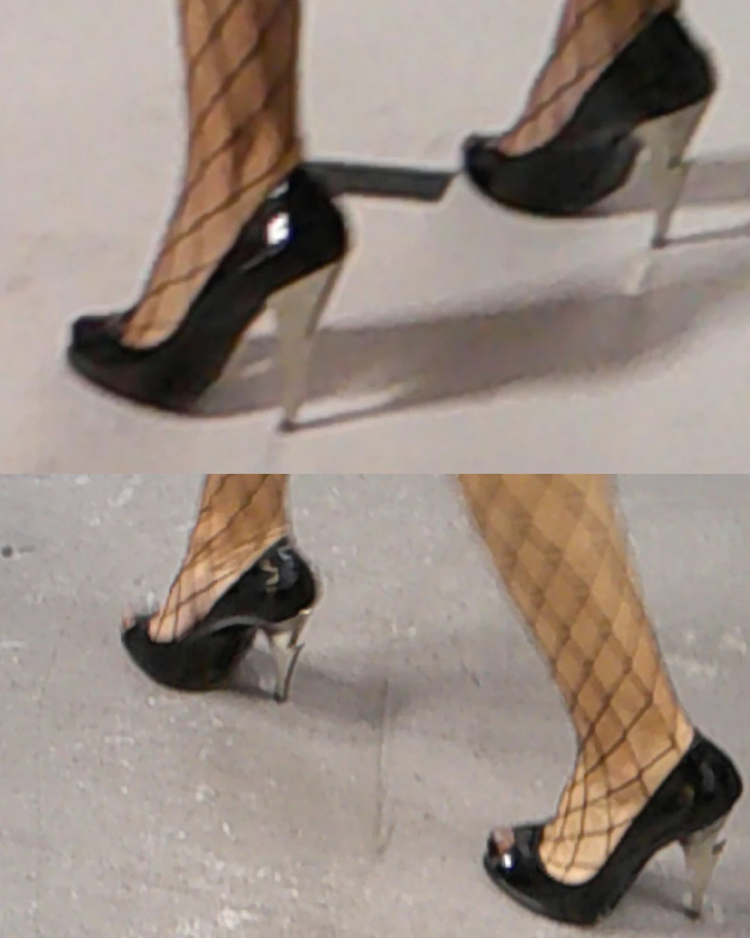 Close-up of black heels and patterned tights.