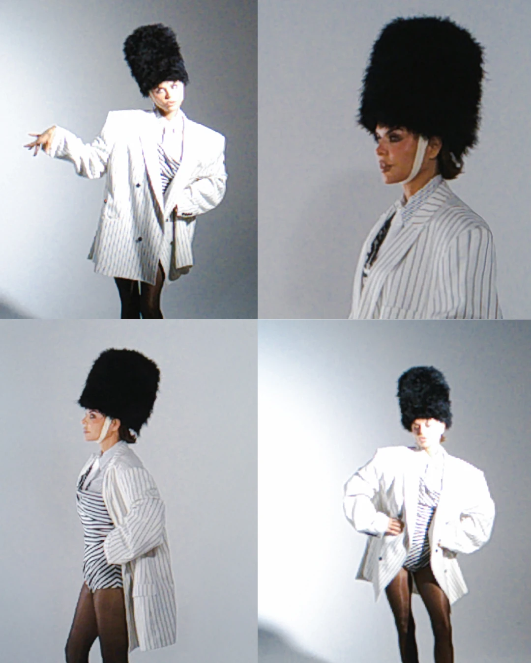 Four portraits of Lisa Rinna in a striped jacket and tall hat.