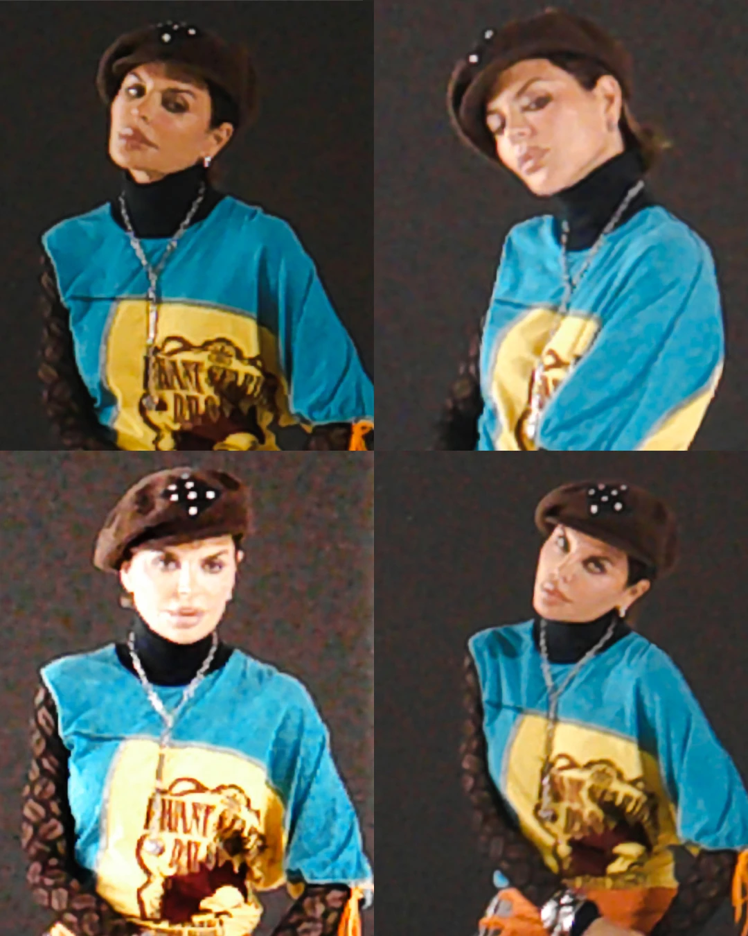 Four portraits of Lisa Rinna in a colorful outfit.