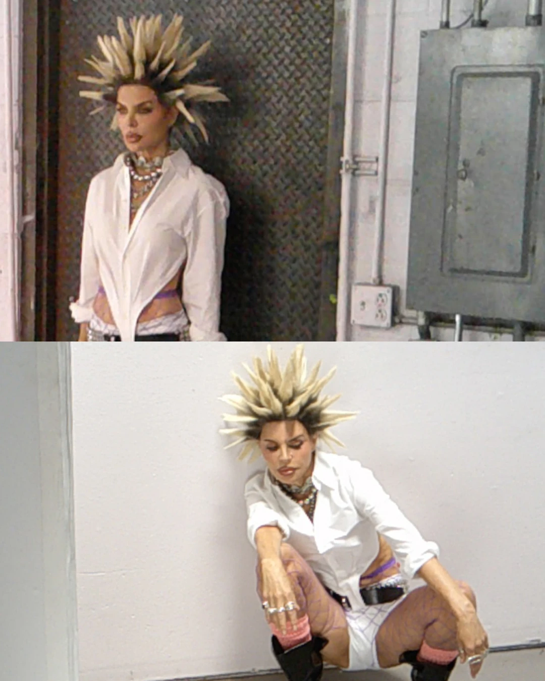Two portraits of Lisa Rinna with spiked hair.