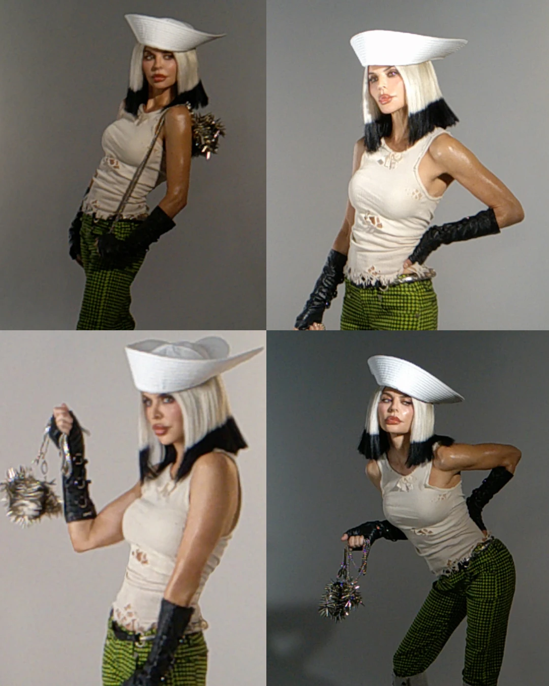 Four portraits of Lisa Rinna wearing a sculptural pale hat.
