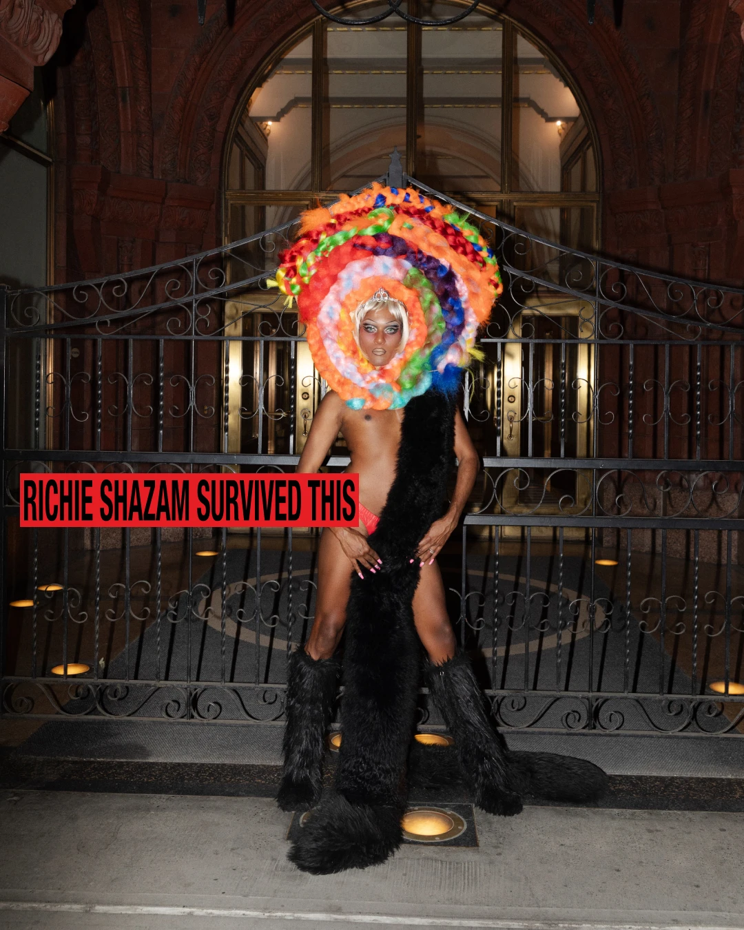 Richie Shazam editorial layout with a colorful circular headpiece.
