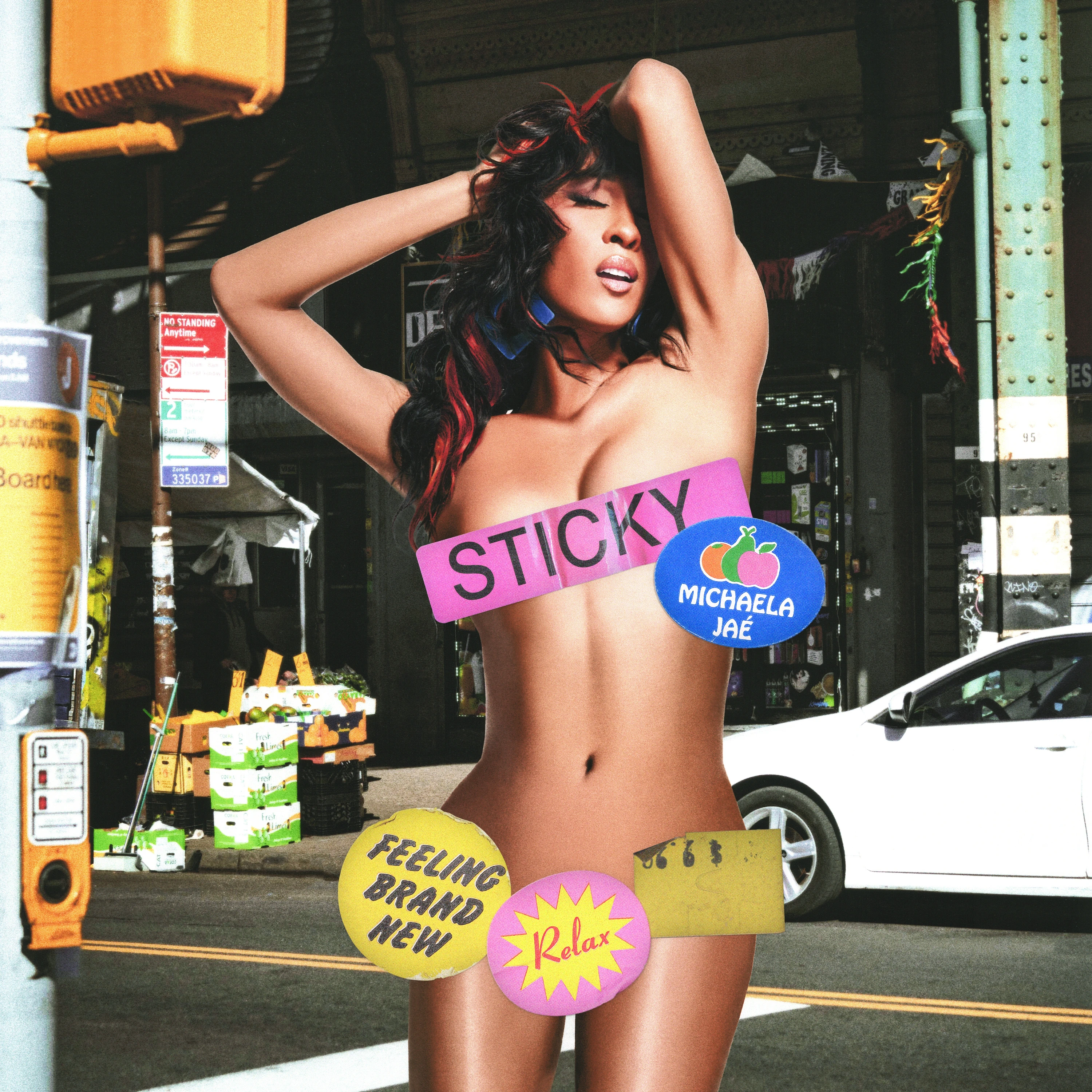 Sticky promotional artwork with a raised-arm portrait and yellow labels.