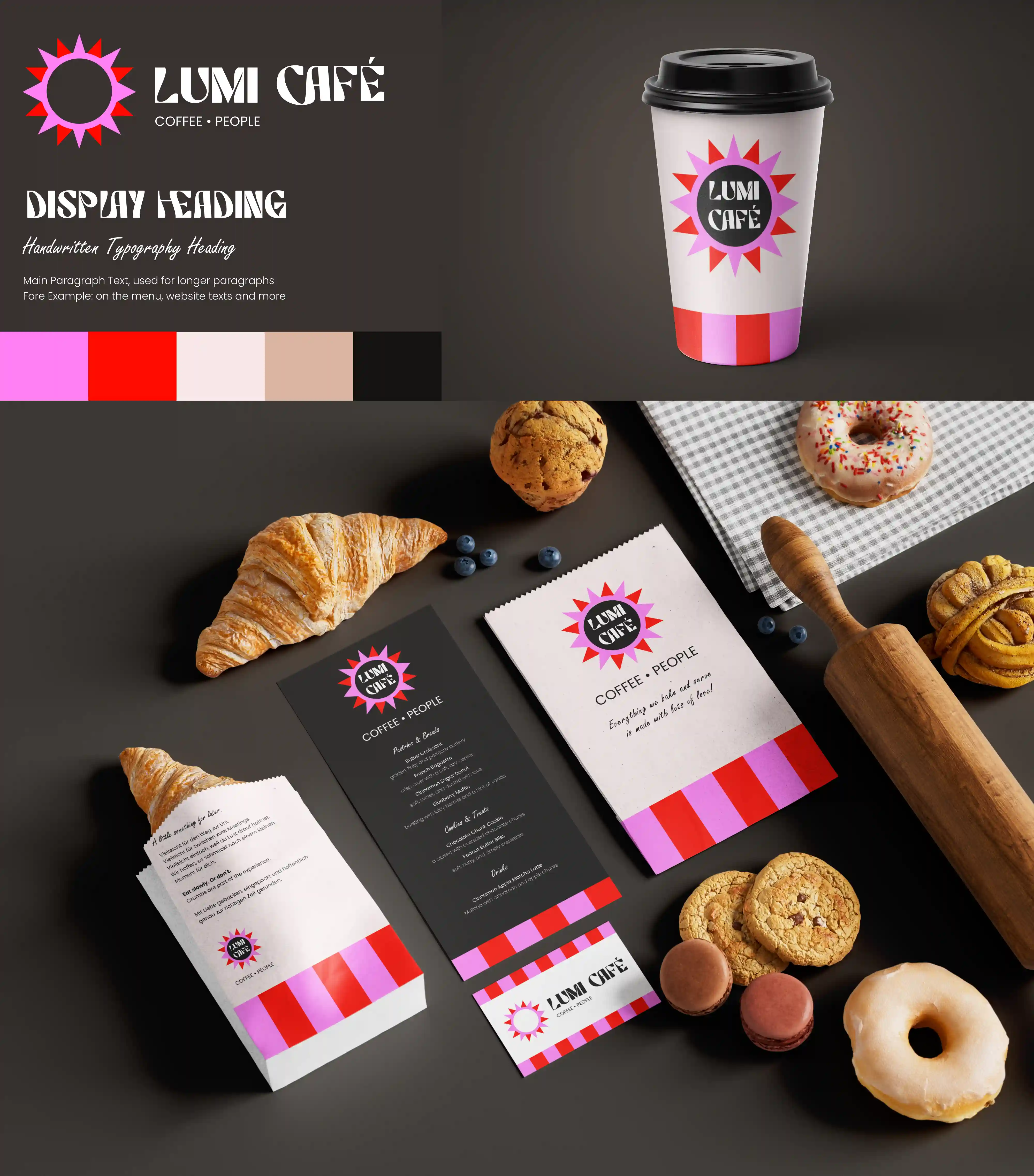 Branding der fiktiven Marke "LUMI CAFE", mit Mockups zur Verpackung, Visitenkarten, To-go-Becher und Logos