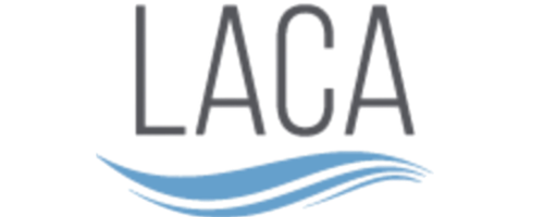 The word 'LACA' in bold gray uppercase letters with two blue wave-like lines beneath.