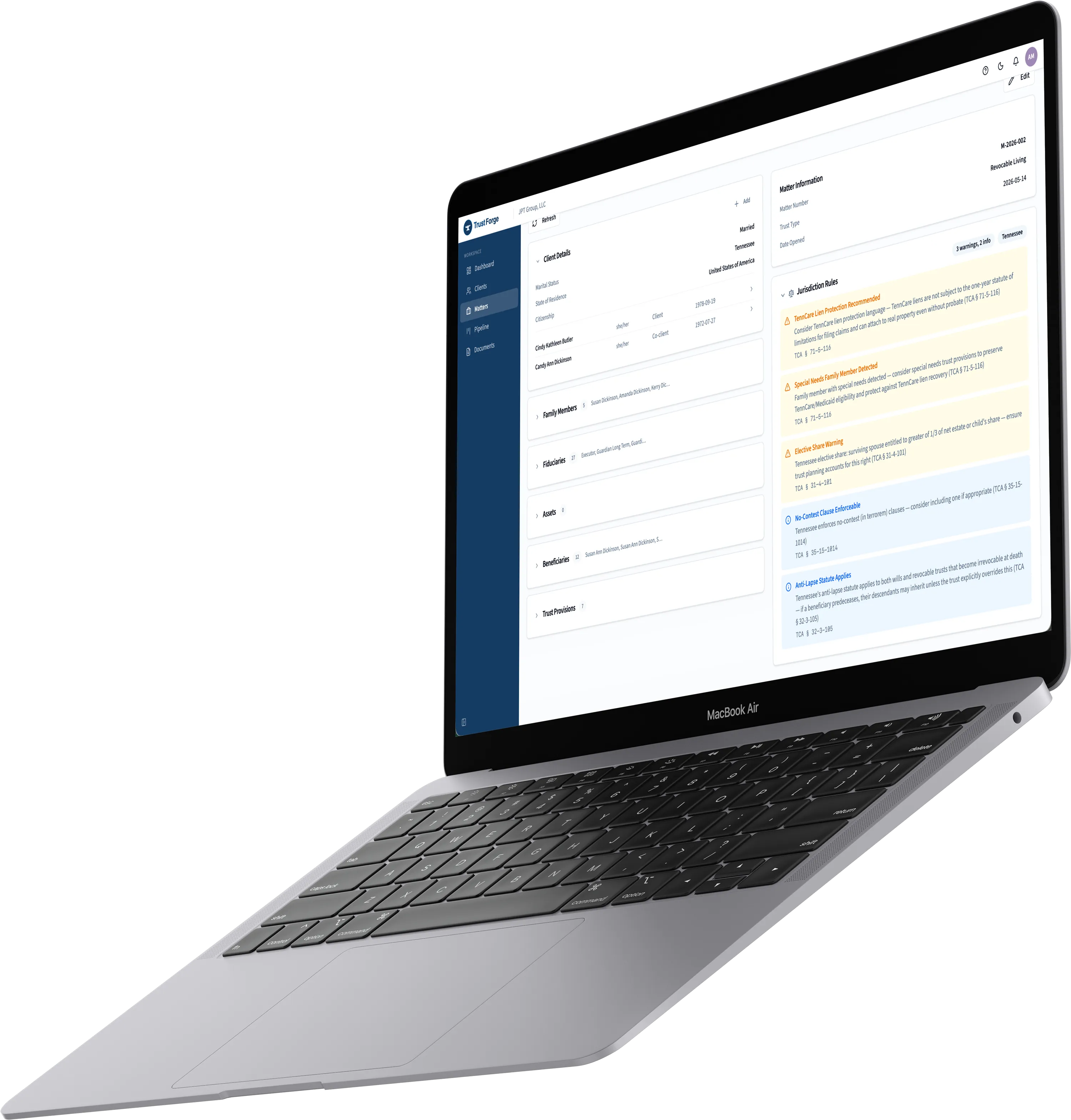 TrustForge matter view showing jurisdiction rules