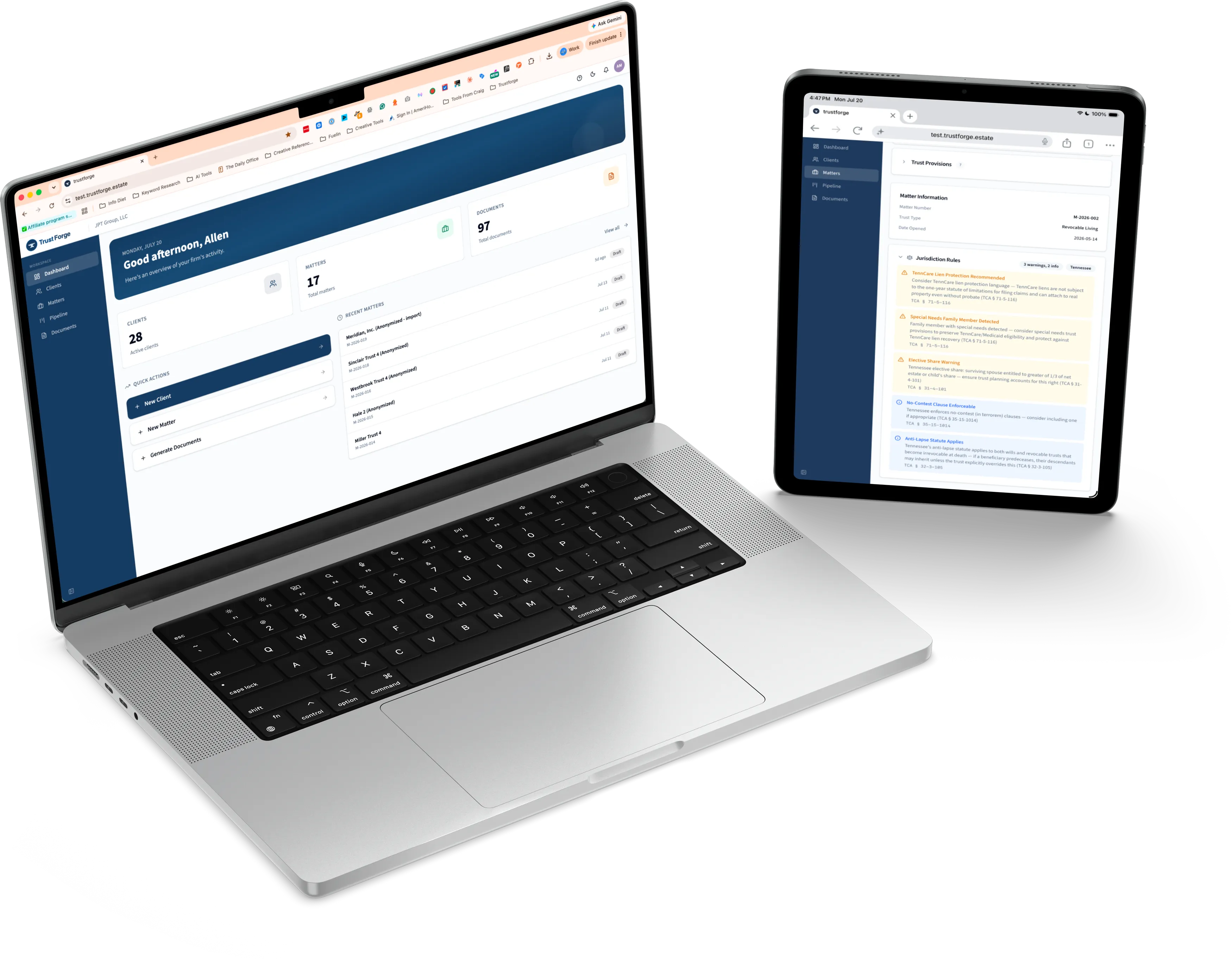 TrustForge matter view with jurisdiction rules open on a laptop
