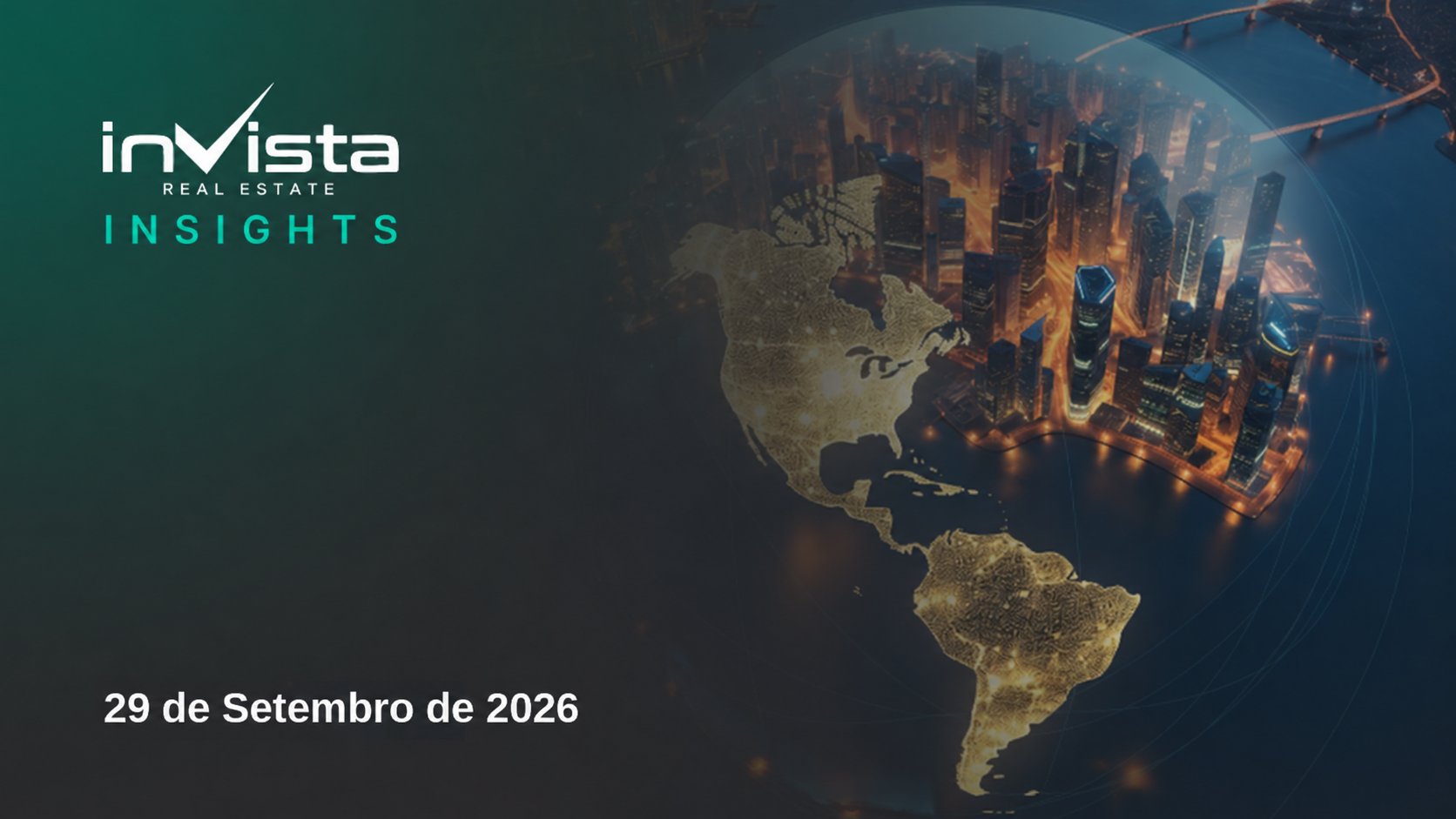 Vista noturna de cidade iluminada sobre o mapa das Américas