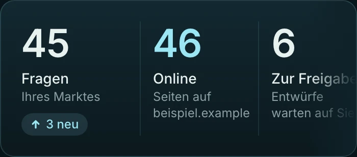 Beispielansicht: 45 Fragen Ihres Marktes, 46 Seiten online, 6 Entwürfe zur Freigabe.