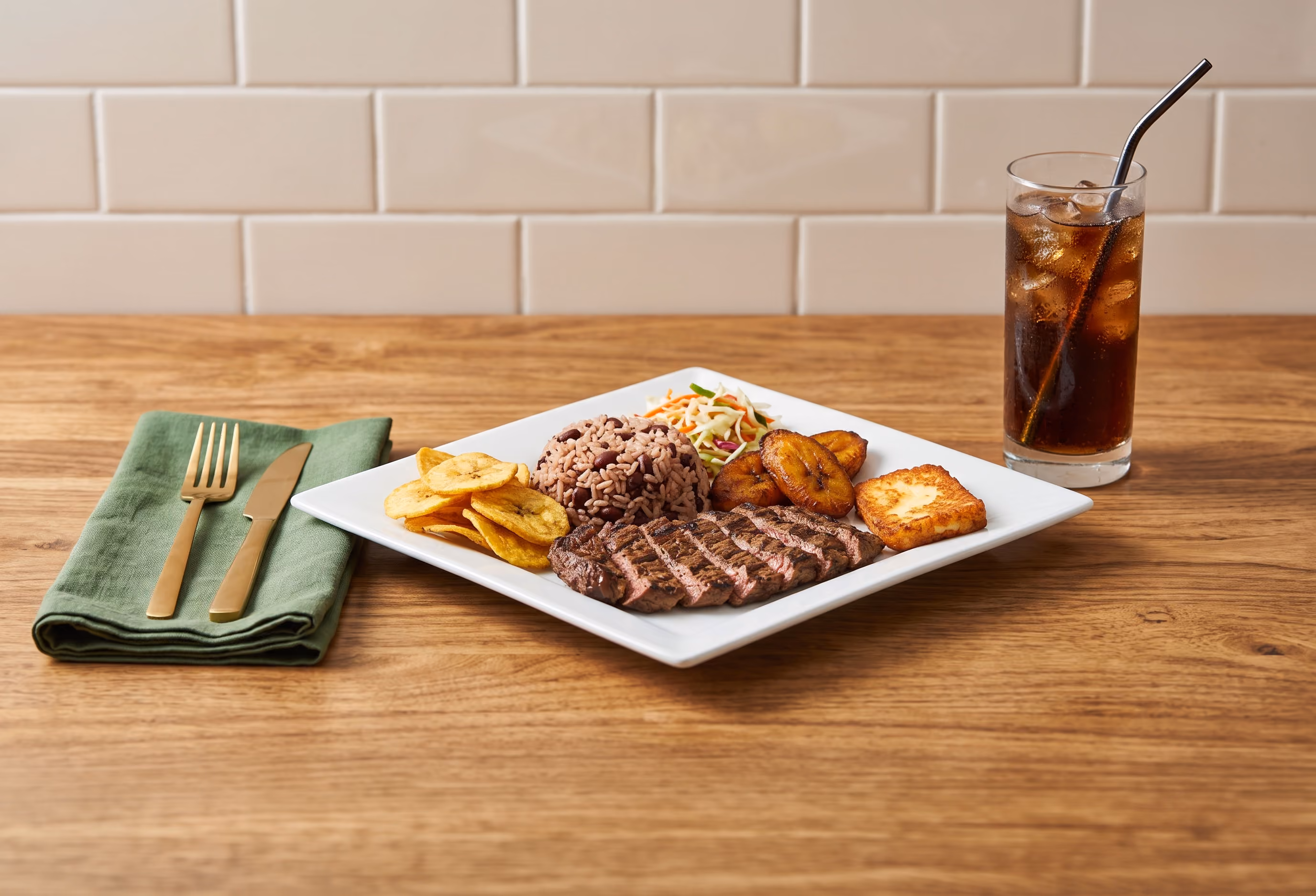 Plate with sliced steak, rice and beans, plantain chips, fried plantains, fried cheese, and a glass of iced soda.