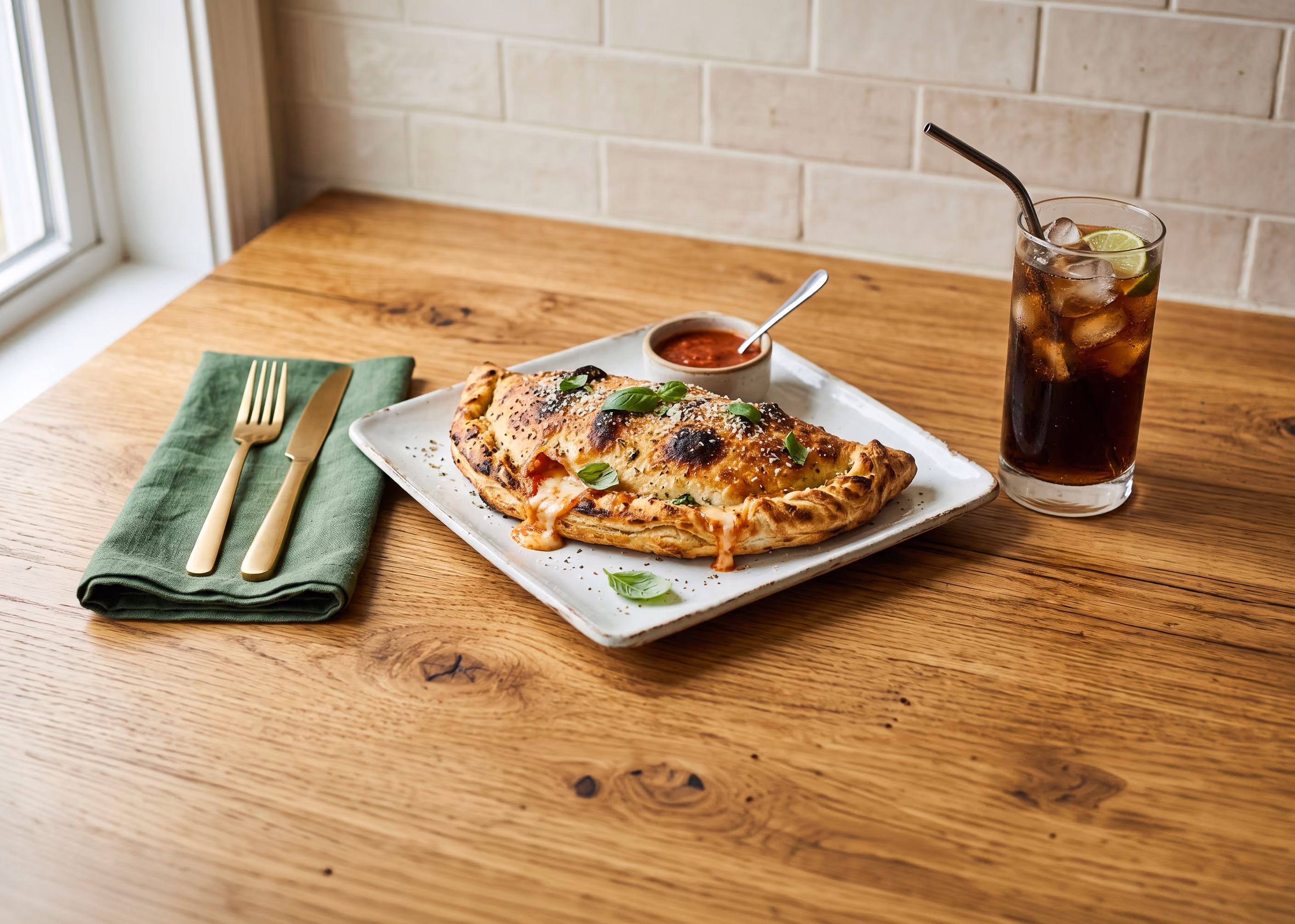 Baked calzone with melted cheese and basil on a white plate with tomato sauce and iced cola with a lime.