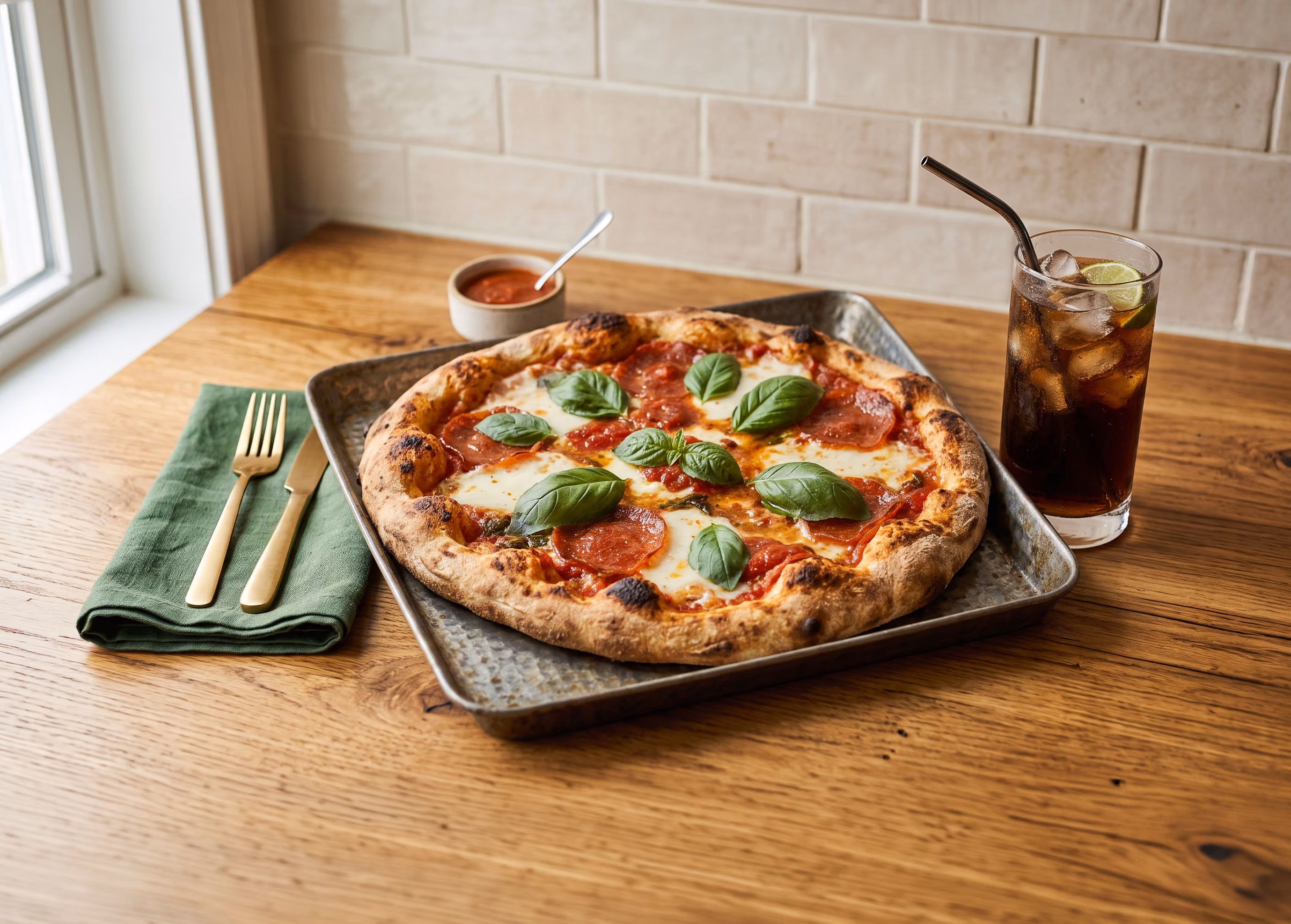 Pepperoni pizza with basil leaves on a metal tray, next to a glass of iced cola with a lime.