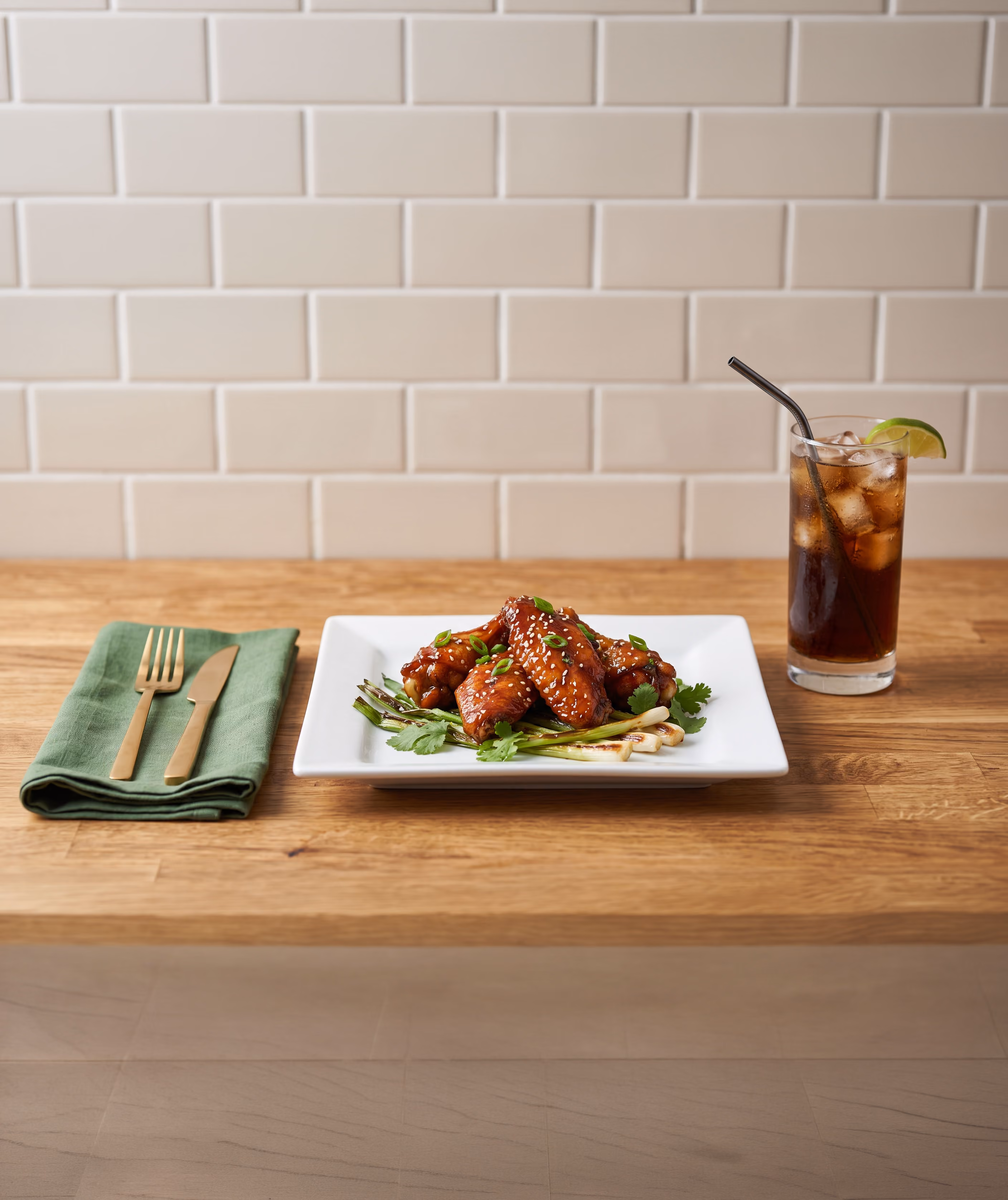 Plate of glazed chicken wings with grilled green onions and cilantro, fork and knife on green napkin, and an iced drink with a lime.