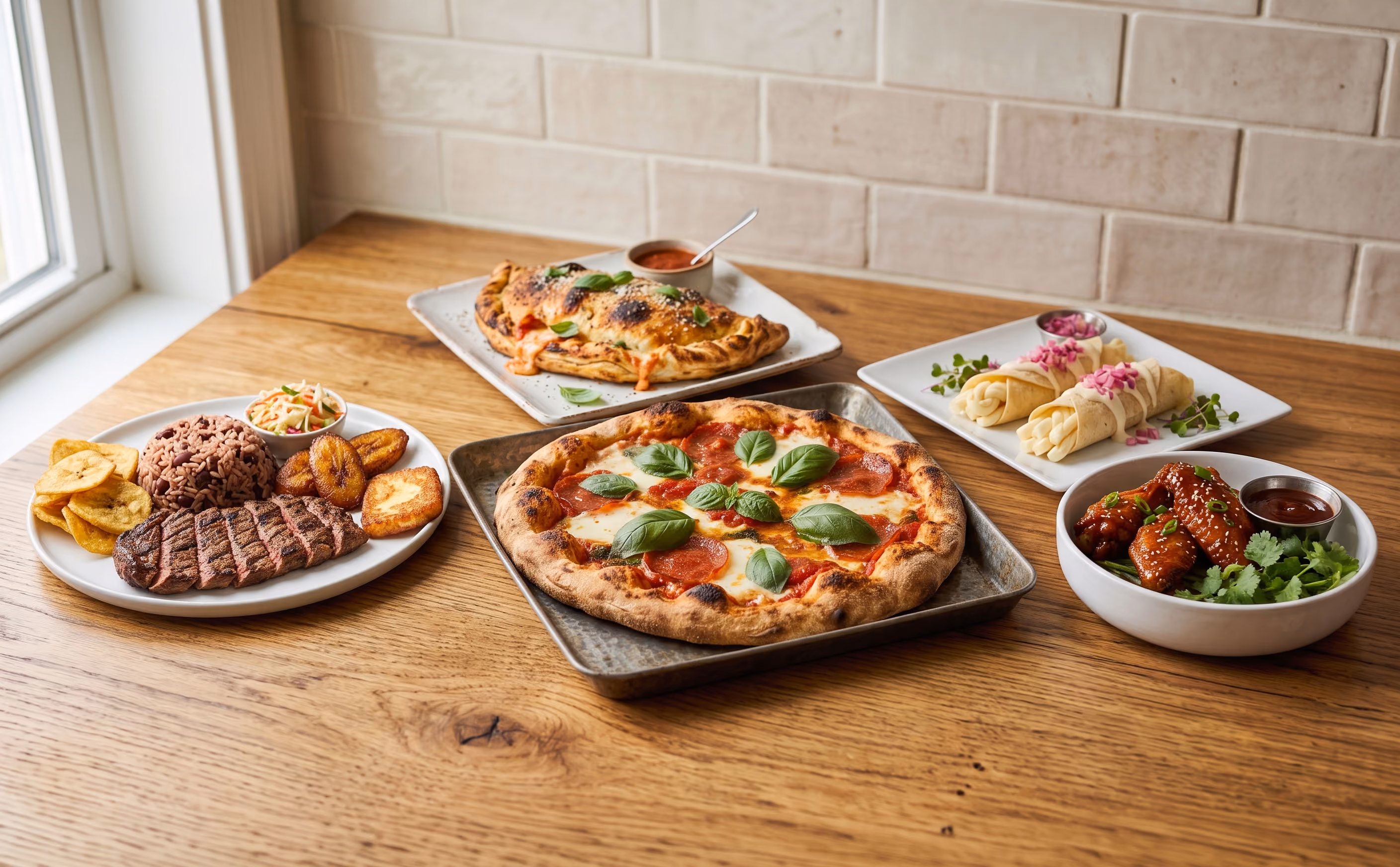 Table with a pizza, steak fritanga, calzone, chicken wings, and quesadillas.