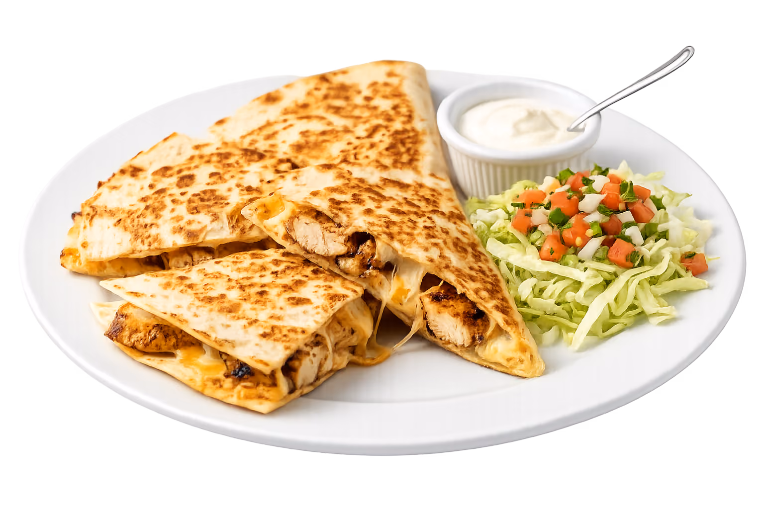 Grilled chicken quesadilla slices with melted cheese, shredded lettuce, salsa, and sour cream on a white plate.