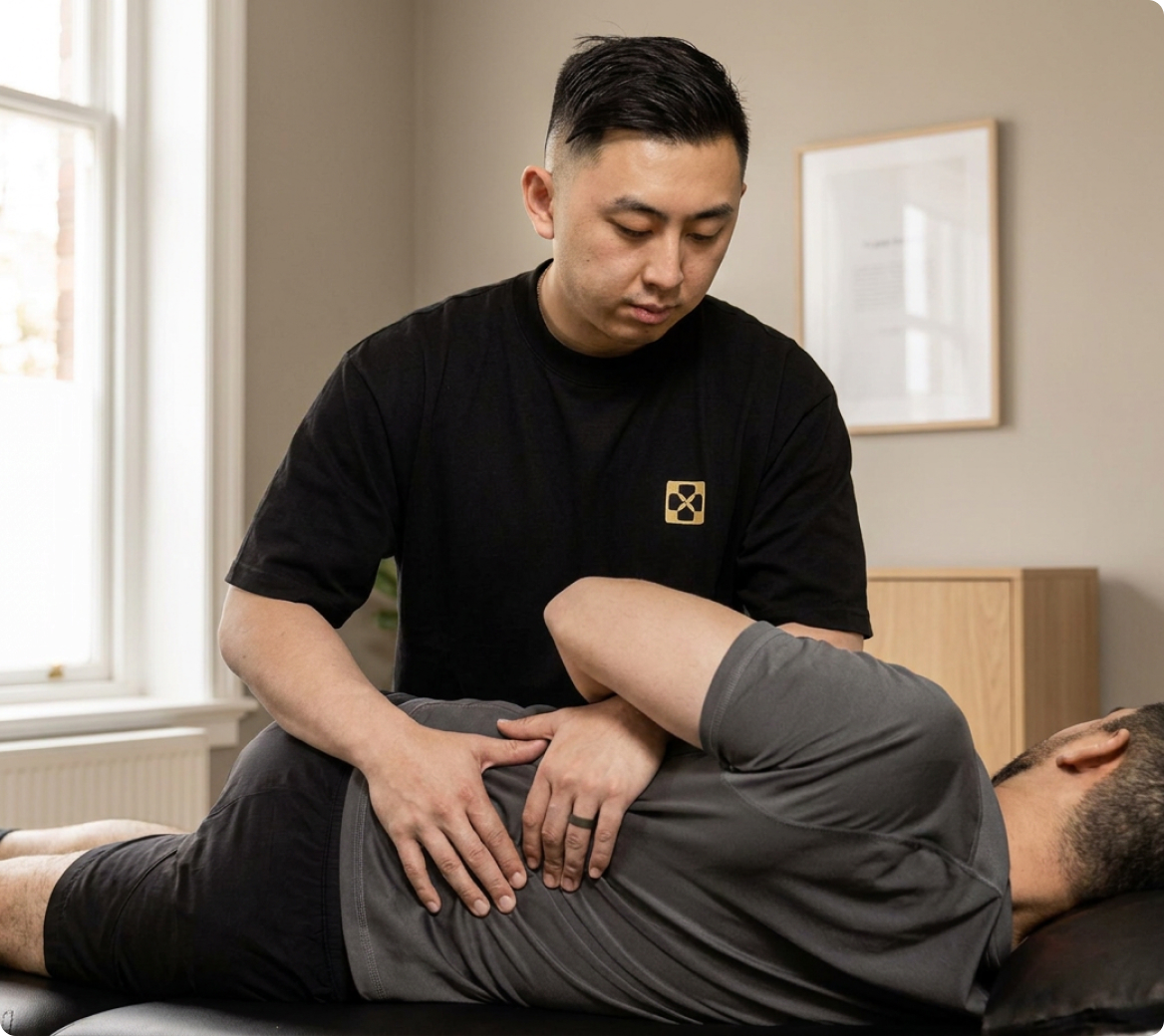 A Myogenesis practitioner delivering hands-on treatment to a patient on a treatment table