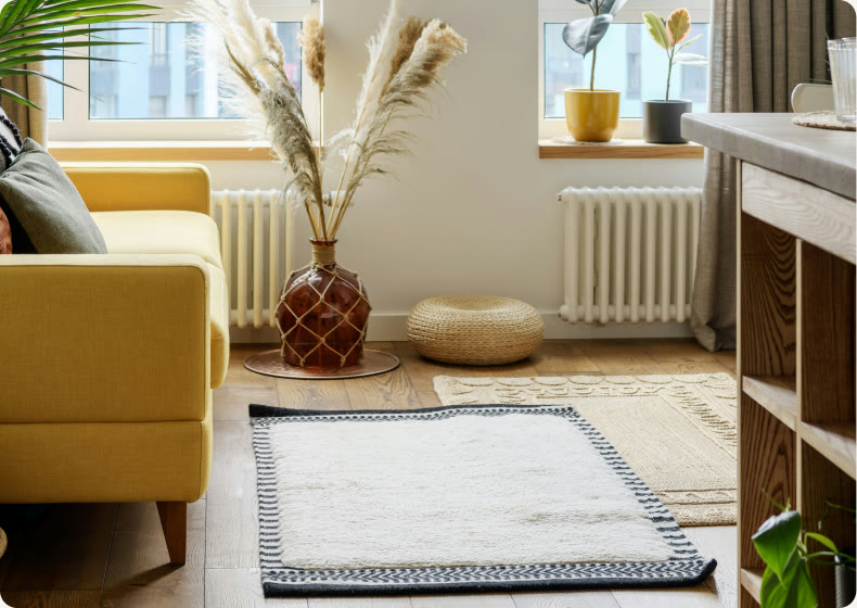 A bright living room with a rug and open floor space