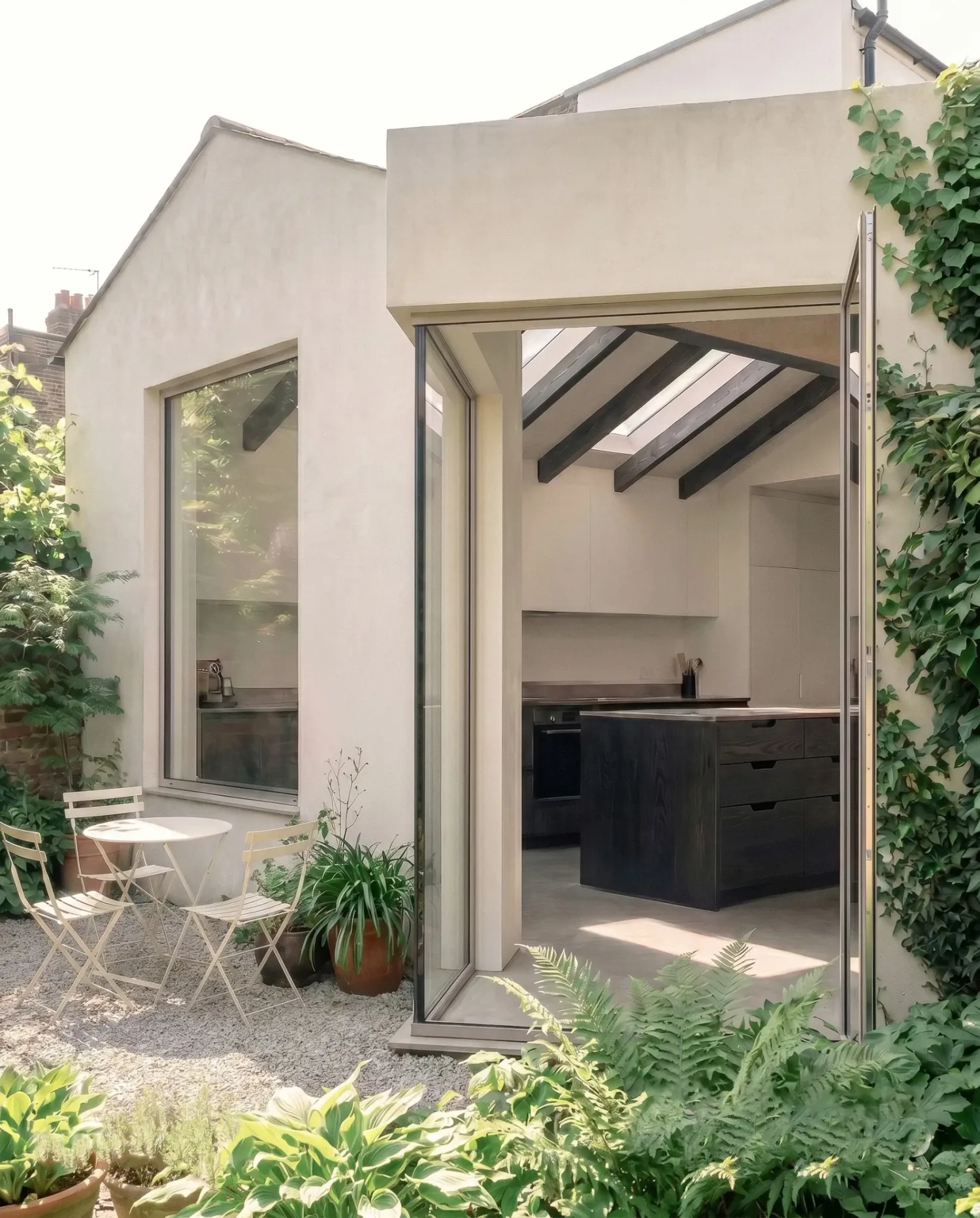 Drawing of the chamfered rear corner, cut back to form a small terrace sheltered by the house on two sides