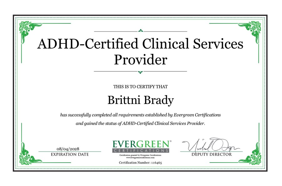 ADHD-Certified Clinical Services Provider certificate issued to Brittni Brady by Evergreen Certifications, certification number 116465, valid through August 2028