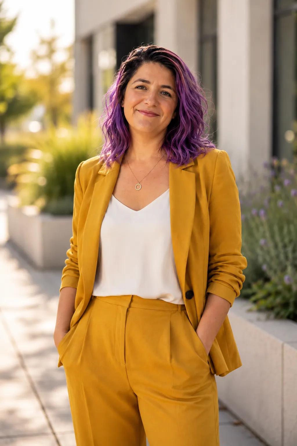 Brittni Brady, LCSW, ADHD-CCSP, smiling outdoors in a mustard suit