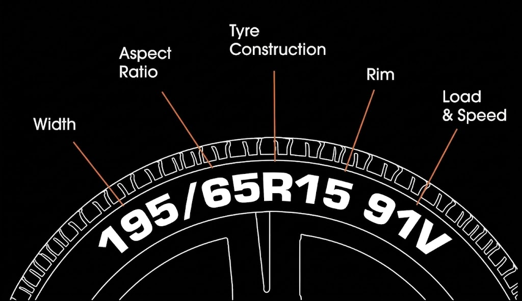 Tire sidewall showing width, aspect ratio, tyre construction, rim size, and load & speed rating labels.