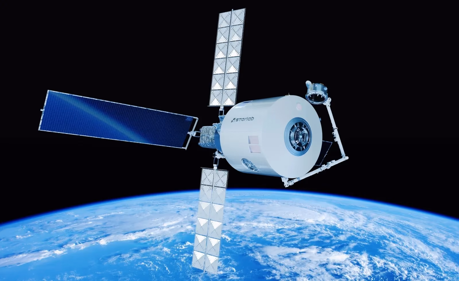 Spacecraft module with extended solar arrays in orbit above Earth