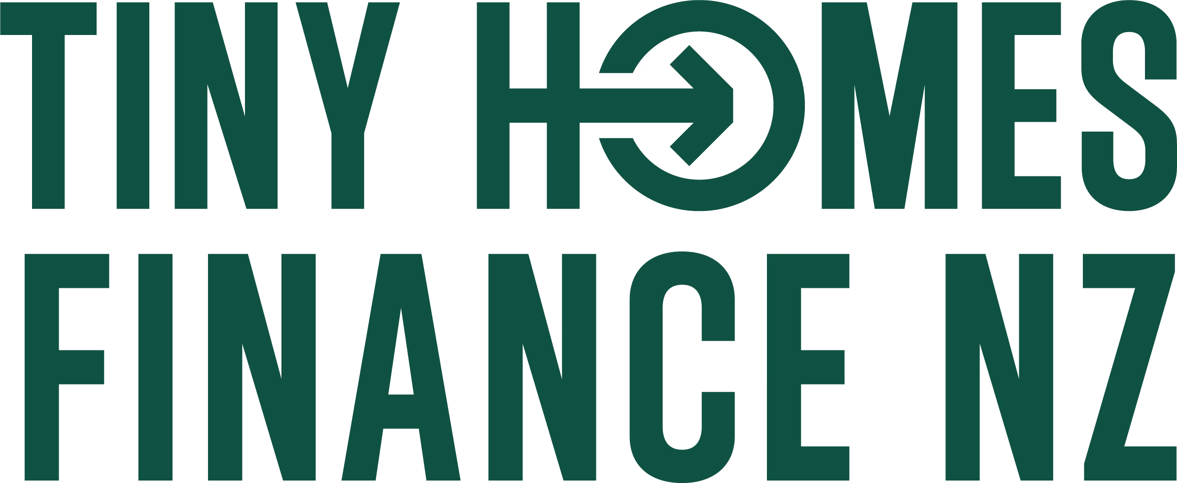 Logo text reading Tiny Homes Finance NZ with arrow symbol in the letter O.