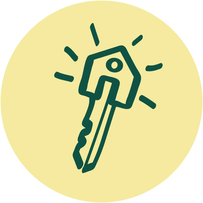 Green key icon with lines indicating shine on a light yellow circular background.